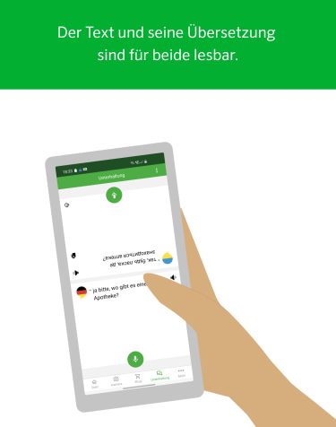 Eine Hand hält ein Smartphone, auf dem eine Übersetzungs-App mit Text in Deutsch und Arabisch angezeigt wird; auf dem Bildschirm sind beide Sprachen zu sehen, um das Lesen zu erleichtern.