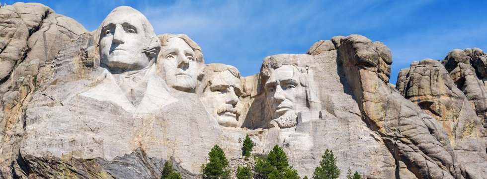 Praesidentenkoepfe in Stein im Mount Rushmore, South Dakota