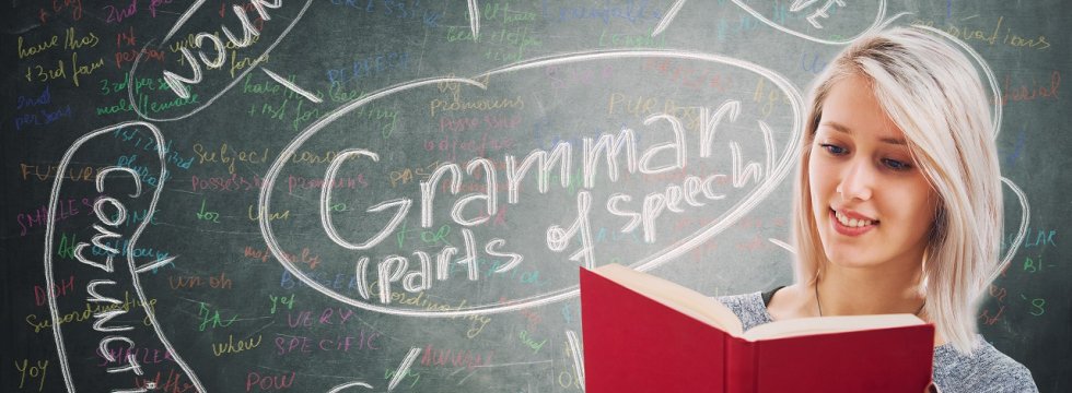 Frau liest in Grammatikbuch