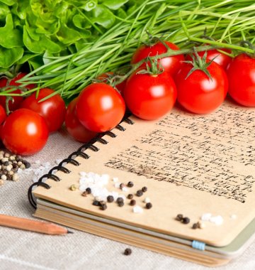 Ein Notizbuch mit handgeschriebenem Text ist umgeben von frischen Tomaten, Kopfsalat, Schnittlauch, einem Bleistift, Salz und Pfefferkörnern auf einem leichten Tuch.