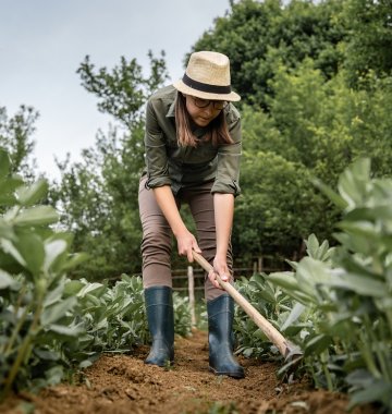 Frau hackt im Beet