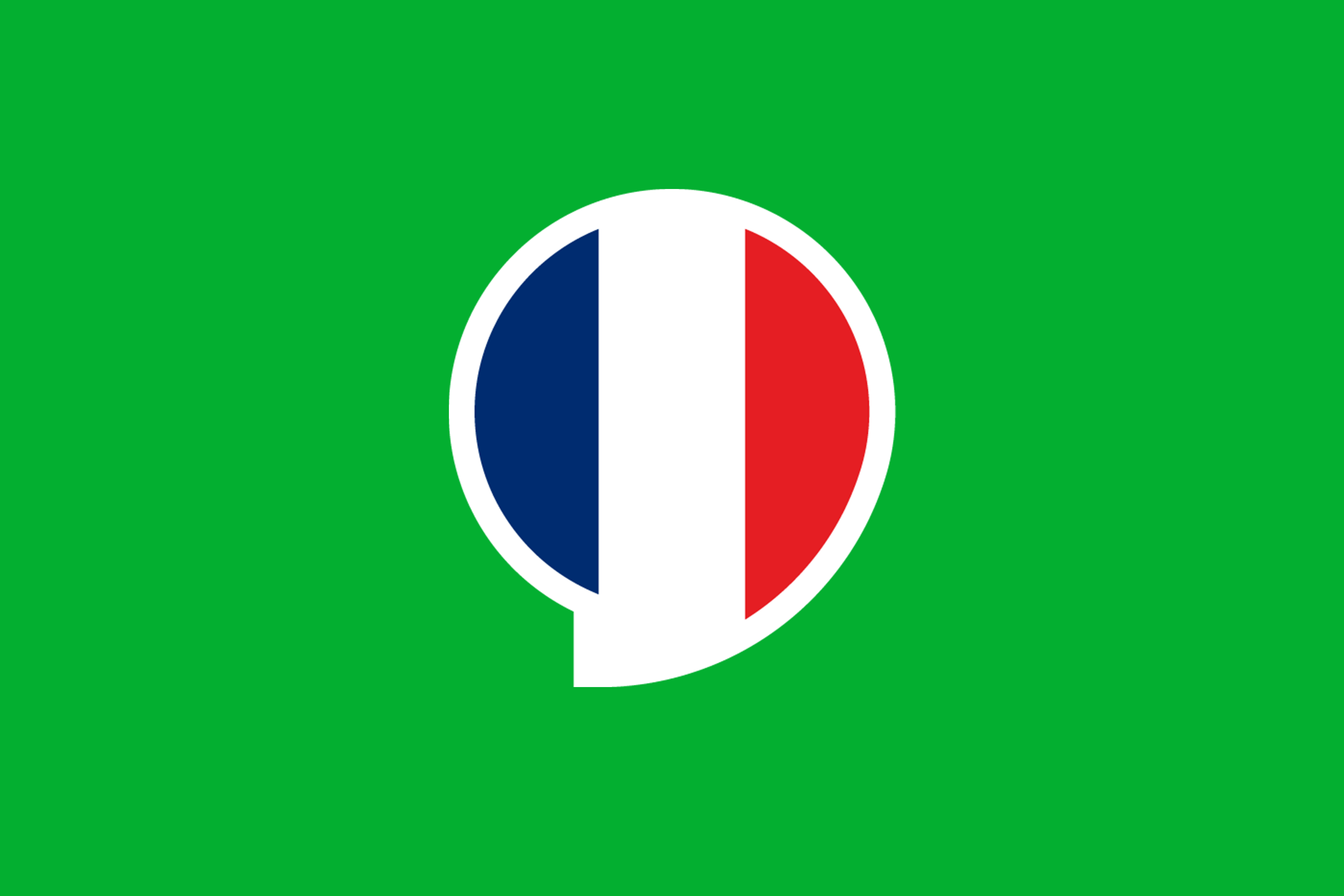 Ein grüner Hintergrund mit einer weißen Sprechblase in der Mitte, die vertikale blaue, weiße und rote Streifen enthält, die an die französische Flagge erinnern.