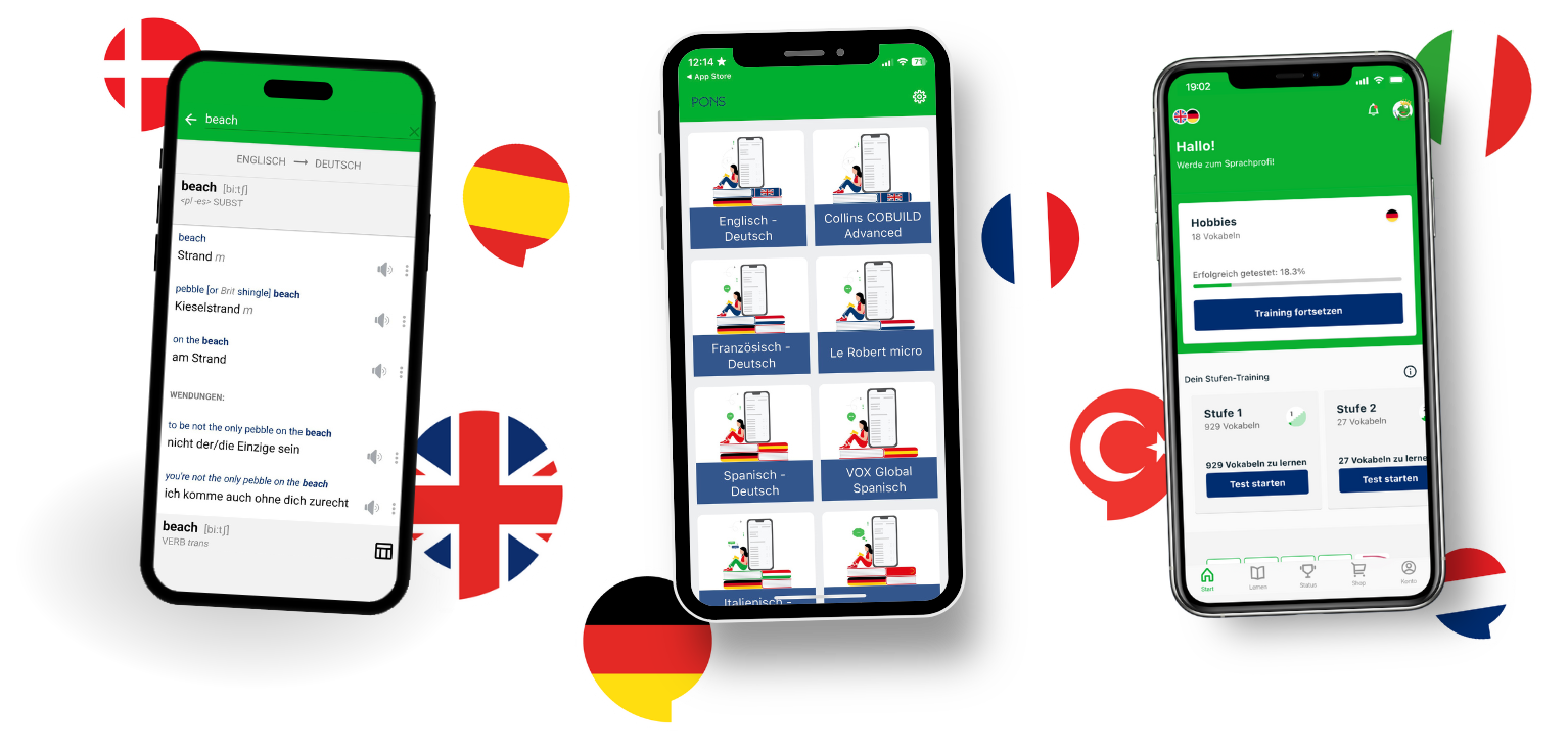 Drei Smartphones zeigen Sprachlern-Apps mit den Optionen Englisch, Spanisch, Deutsch und Türkisch, umgeben von Flaggensymbolen, die die verschiedenen Sprachen repräsentieren.