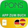 PONS-App-Symbol mit dem Text APP ZUM BUCH, einem Buchsymbol und Sprechblasen mit deutschen und spanischen Flaggen.