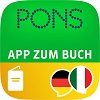 PONS-App-Symbol mit dem Text APP ZUM BUCH, einem Buchsymbol und Sprechblasen mit deutschen und italienischen Flaggen.