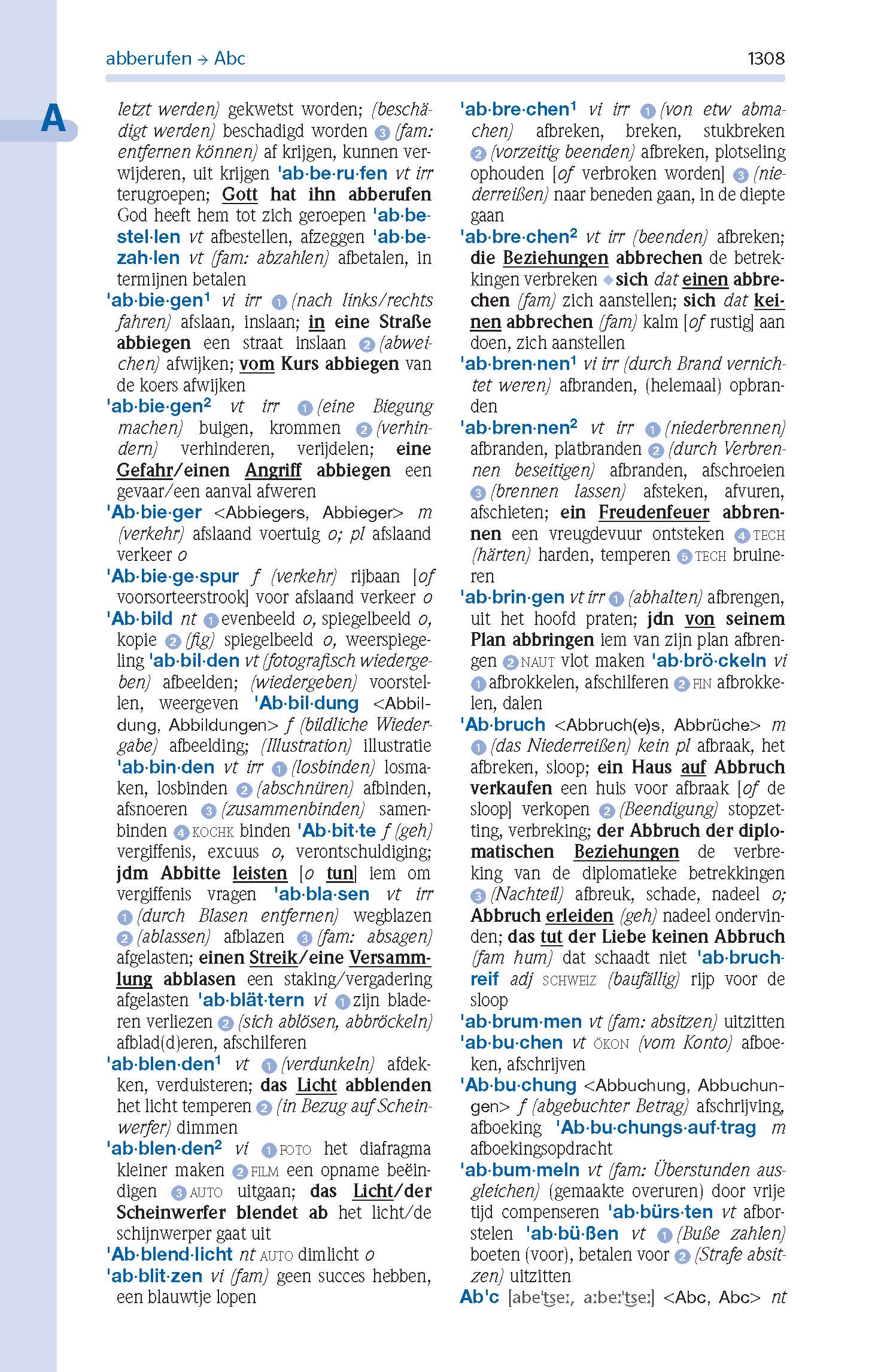 Eine Seite aus einem deutschen Wörterbuch mit Einträgen, die mit abb- beginnen, einschließlich Definitionen, phonetischer Aussprache und Anwendungsbeispielen auf Deutsch.