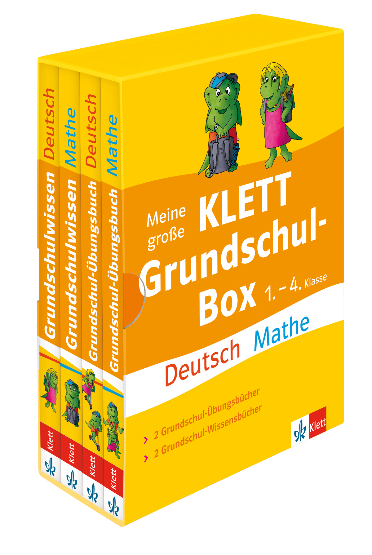 Boxset mit dem Titel Meine große KLETT Grundschul-Box 1.-4. Klasse, mit Deutsch- und Mathe-Arbeitsheften für die Grundschule, mit Zeichentrick-Tieren auf den Umschlägen.
