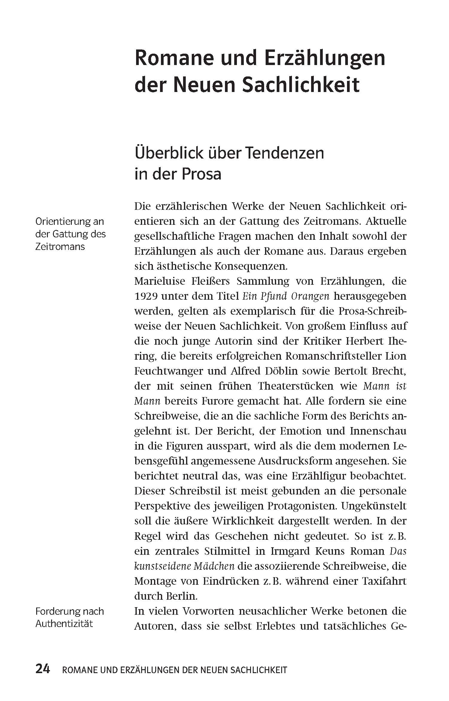 Eine Seite aus einem deutschen Buch, in dem Trends in der Prosa der Neuen Sachlichkeit diskutiert werden, mit Überschriften, einer Seitenleiste und einem Haupttext über Erzählformen und literarische Einflüsse.