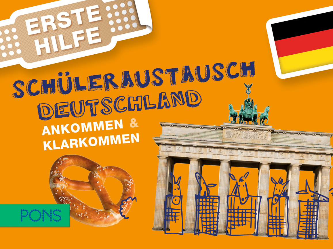 Bunte Grafik mit deutschen Worten zum Thema Schüleraustausch, die das Brandenburger Tor, eine Brezel, Strichmännchen, die deutsche Flagge und ein Erste Hilfe-Schild in deutscher Sprache zeigt.