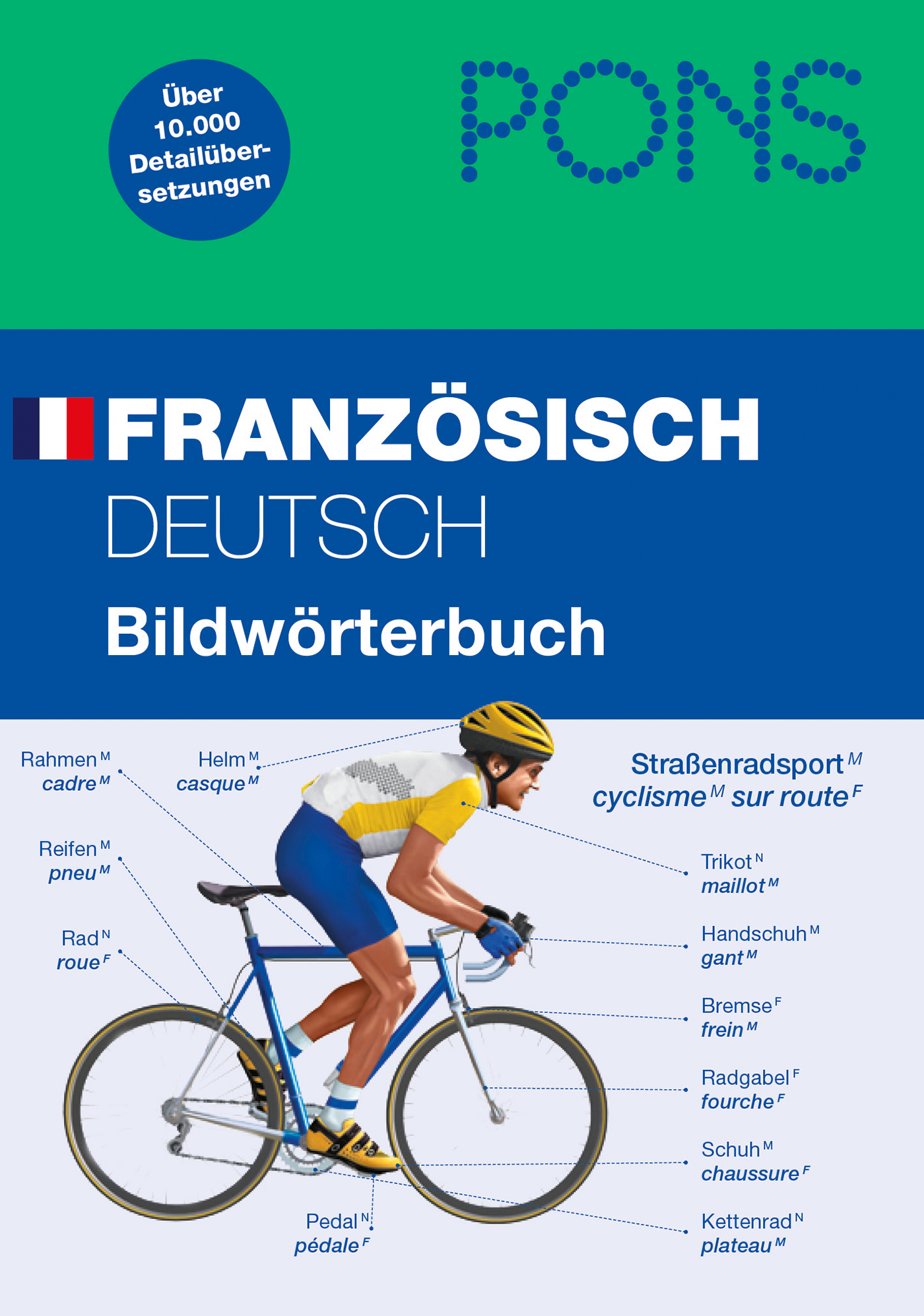 Umschlag eines deutsch-französischen Bildwörterbuchs, das einen Radfahrer zeigt, der mit französischen und deutschen Begriffen für Teile eines Rennrads und einer Fahrradausrüstung beschriftet ist.