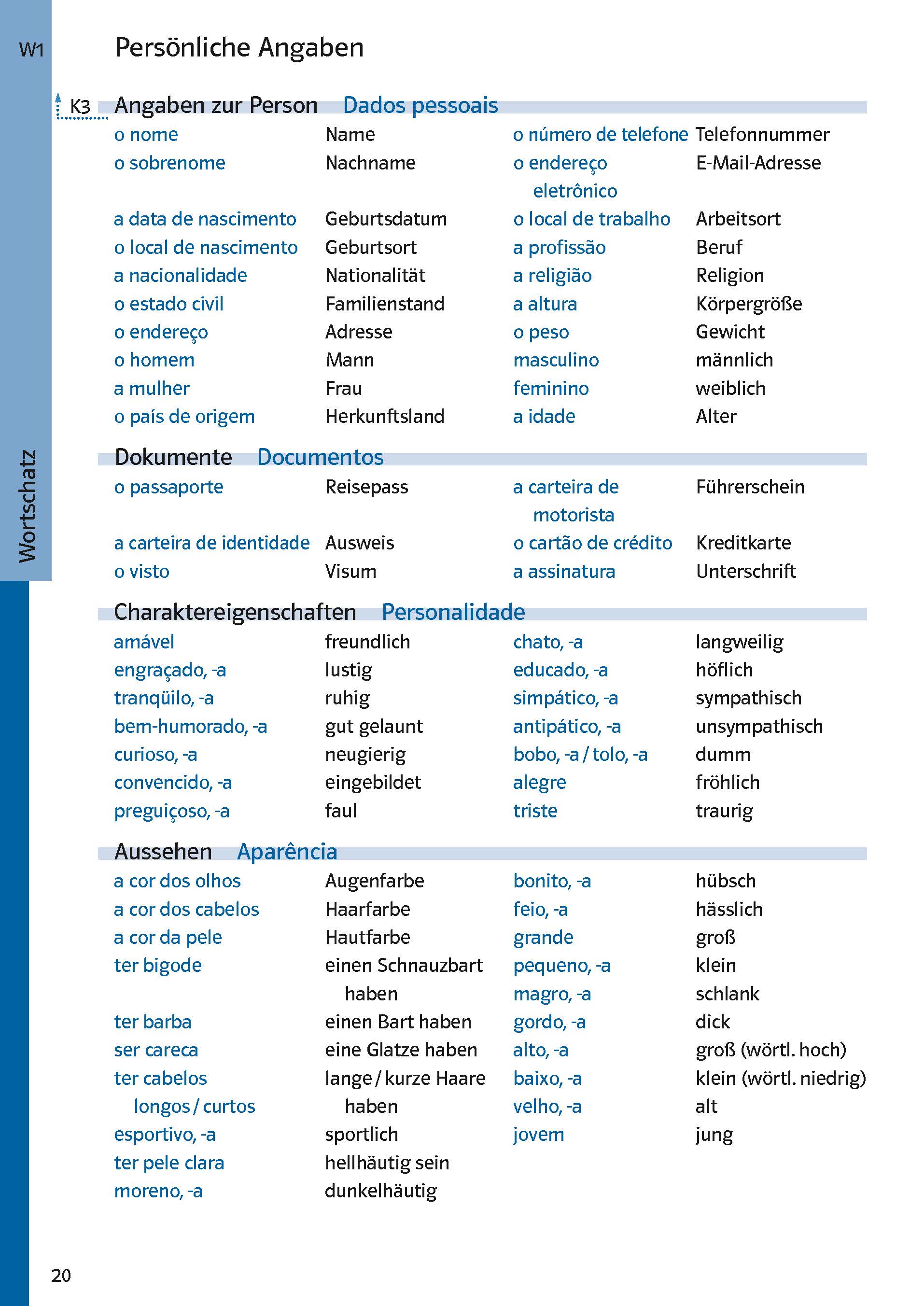 Eine mehrsprachige Vokabelliste in Deutsch, Portugiesisch und Englisch mit Begriffen zu persönlichen Informationen, Dokumenten und Persönlichkeitsmerkmalen, geordnet in einem Tabellenformat.