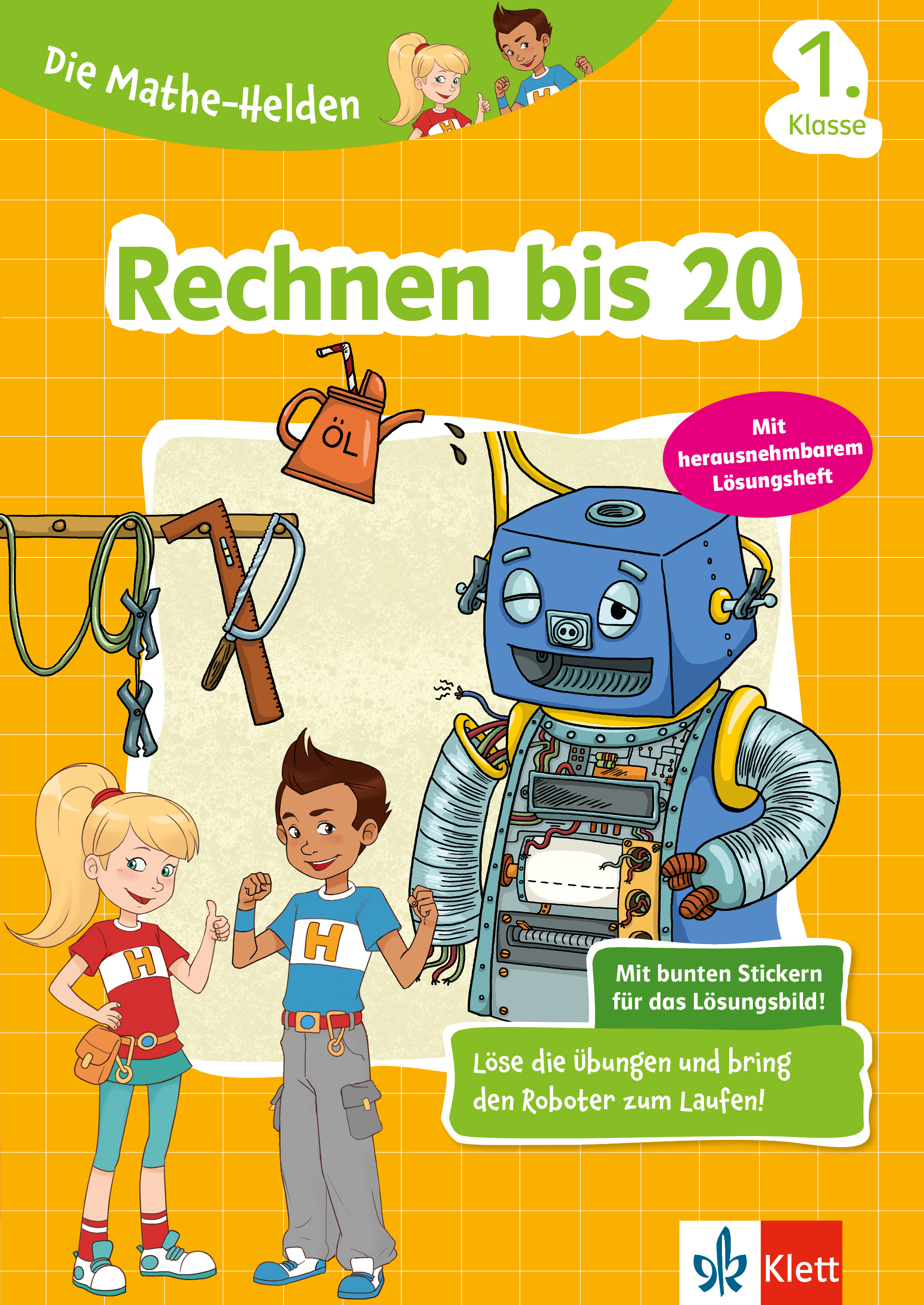 Zwei Kinder stehen neben einem freundlichen Roboter, der ein Lösungsbuch in der Hand hält und für ein Mathe-Arbeitsheft für die erste Klasse über die Zahlen bis 20 wirbt.