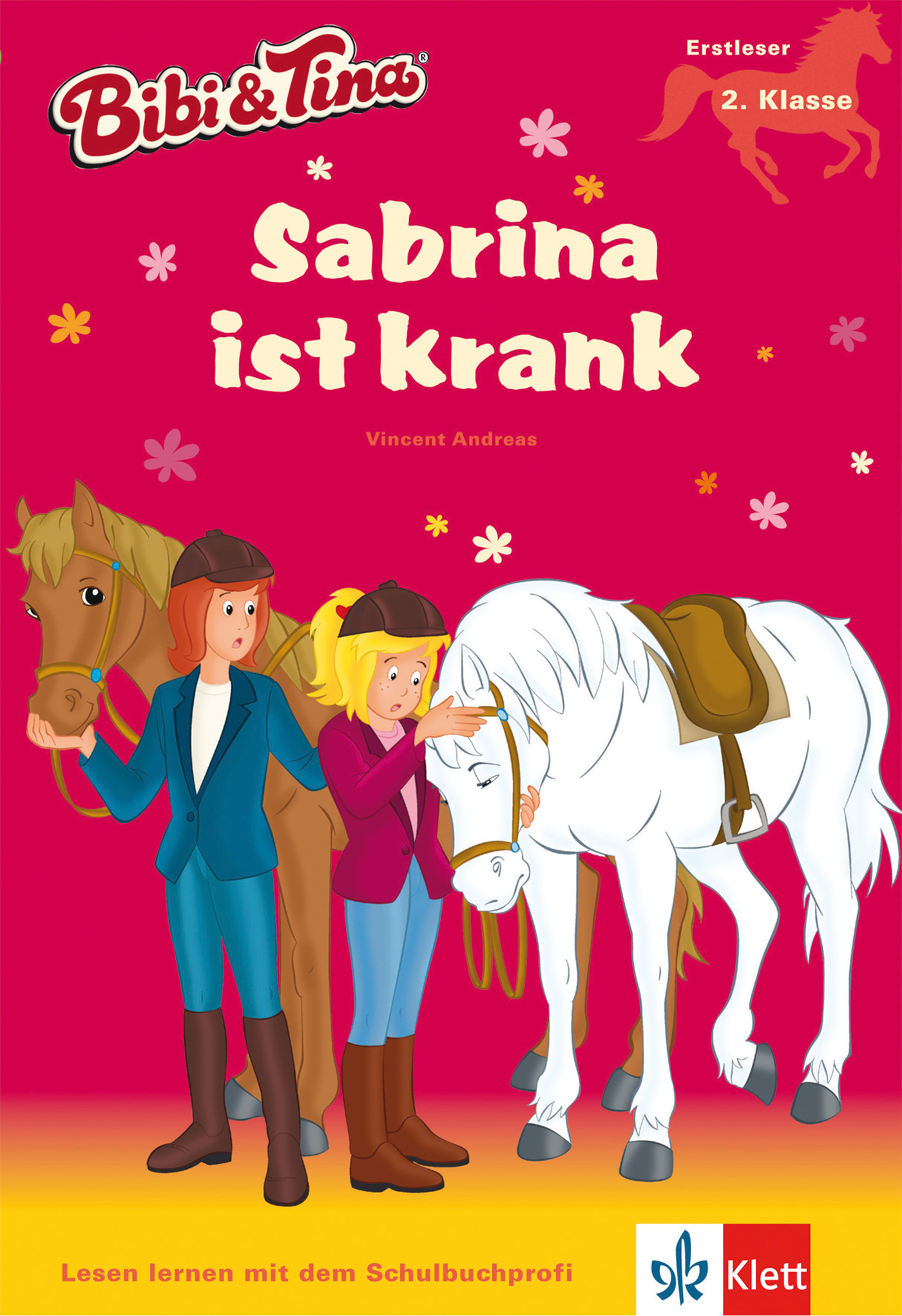Das Buchcover mit dem Titel Sabrina ist krank zeigt zwei Mädchen, eines in einer blauen und eines in einer rosafarbenen Jacke, die neben zwei Pferden stehen, von denen eines krank zu sein scheint. Der Hintergrund ist leuchtend rosa.