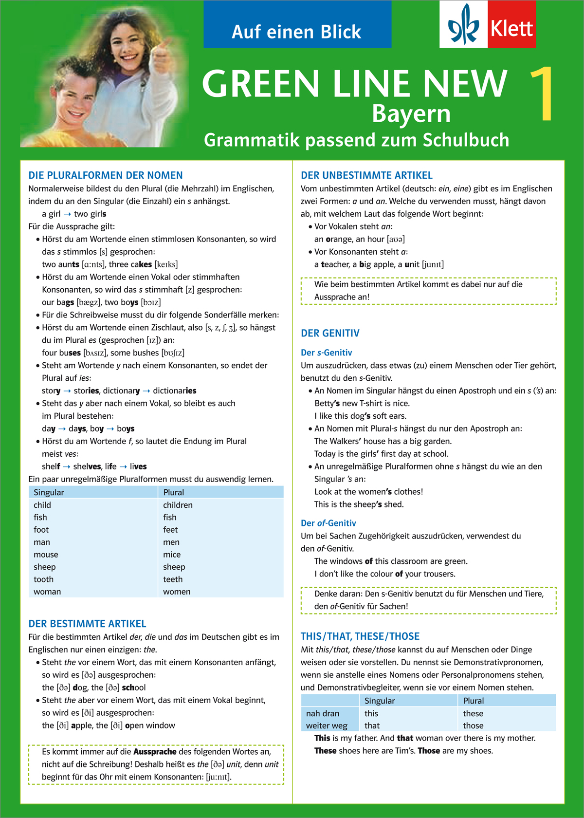 Infografik zum Lernen der deutschen Sprache mit dem Titel GREEN LINE NEW 1 Bayern, mit Grammatikregeln und Beispielen zu Plural, unbestimmtem und bestimmtem Artikel.