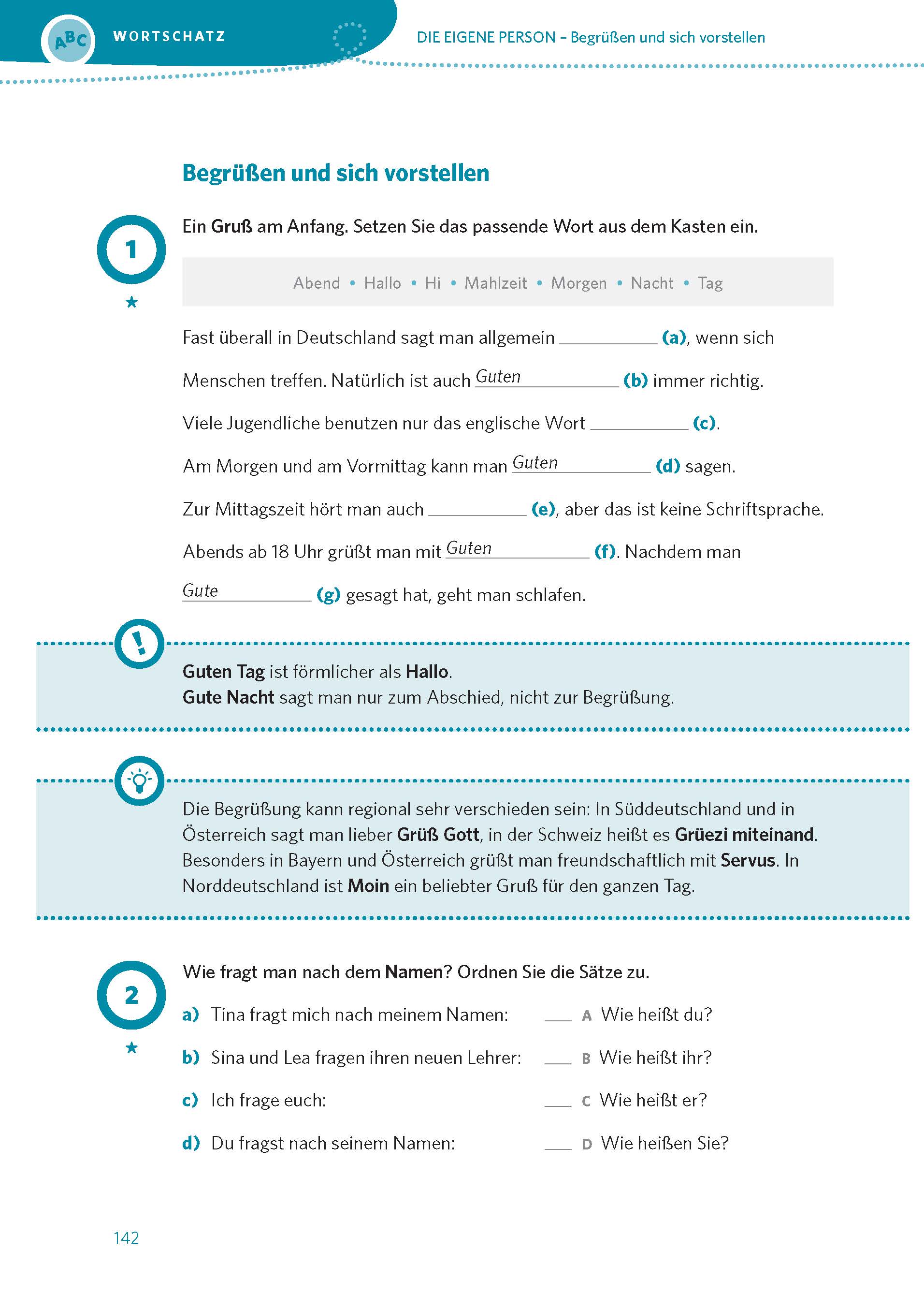 Eine deutschsprachige Lehrbuchseite mit Ausfüll- und Zuordnungsübungen zum Thema Begrüßung und Vorstellung, einschließlich Beispielsätzen und kurzen Erklärungen.
