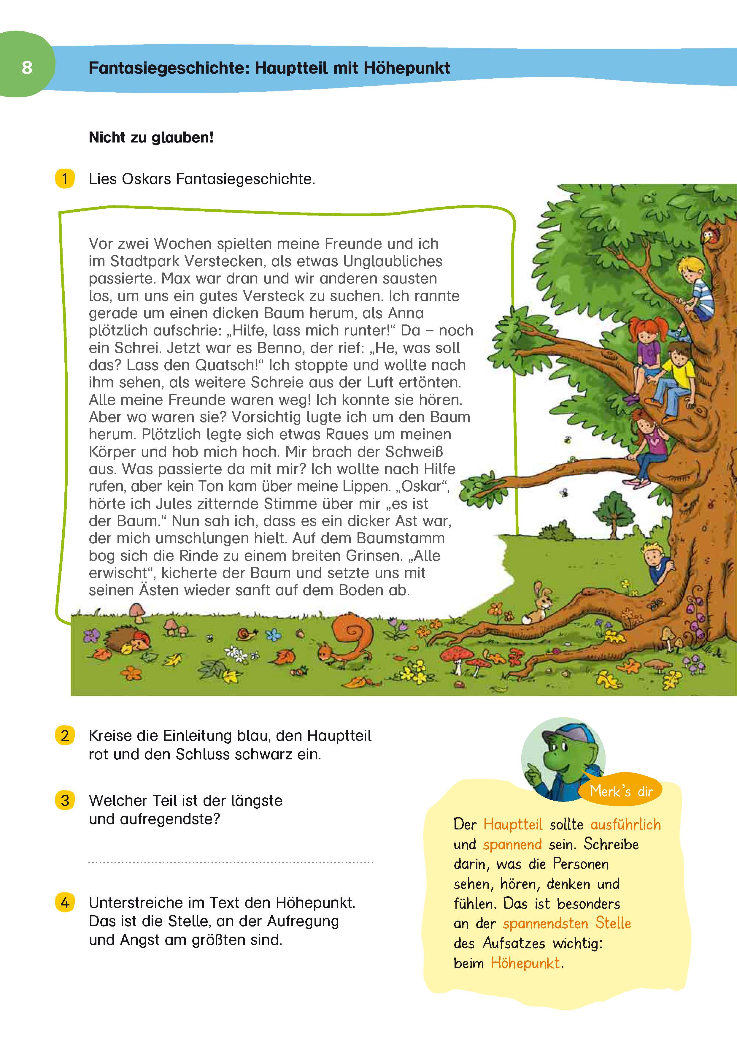 Ein Kind sitzt auf einem Ast und ruft um Hilfe, während Freunde und ein Hund unten in einem Park mit grünem Gras und Bäumen stehen.