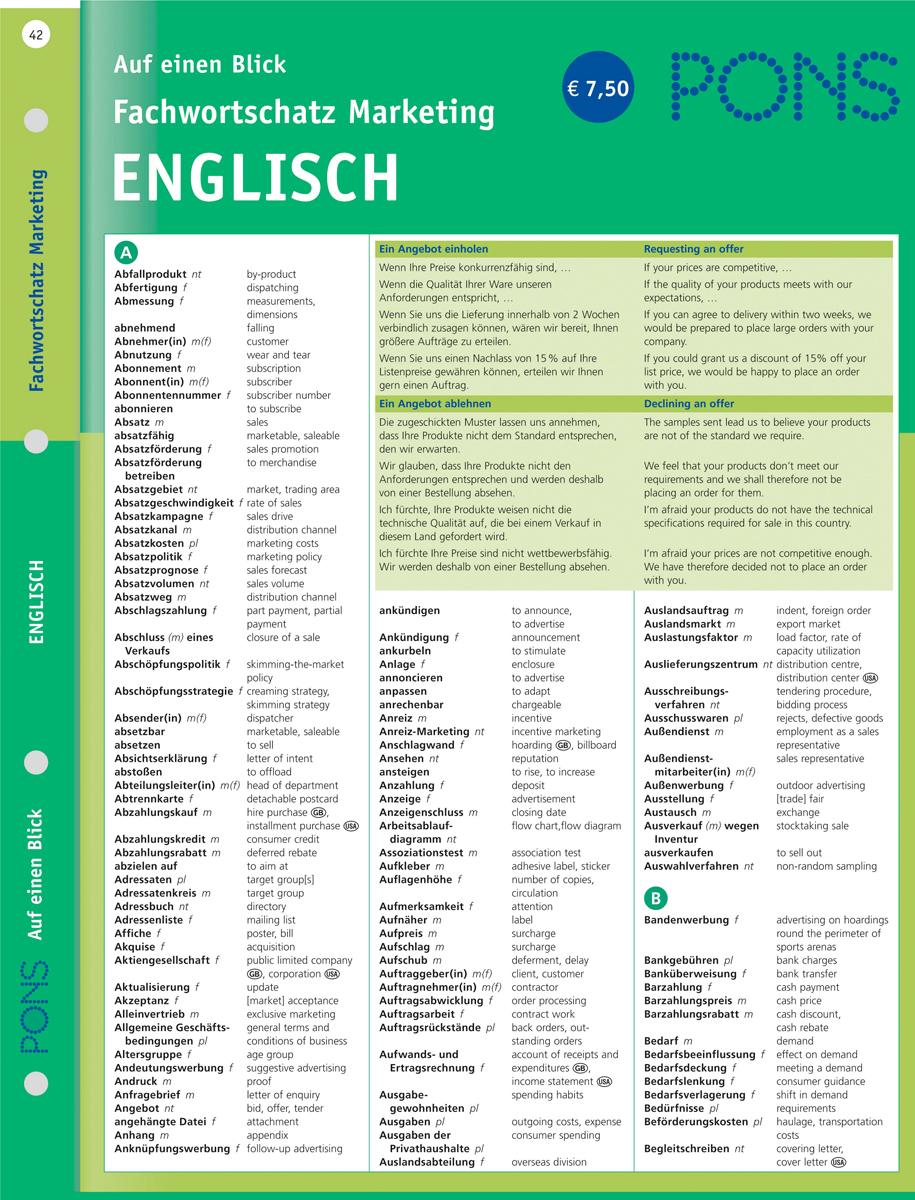 Ein Referenzblatt mit dem Titel Fachwortschatz Marketing Englisch, das den deutsch-englischen Marketingwortschatz und Beispielsätze in einer farblich gekennzeichneten Tabelle darstellt.