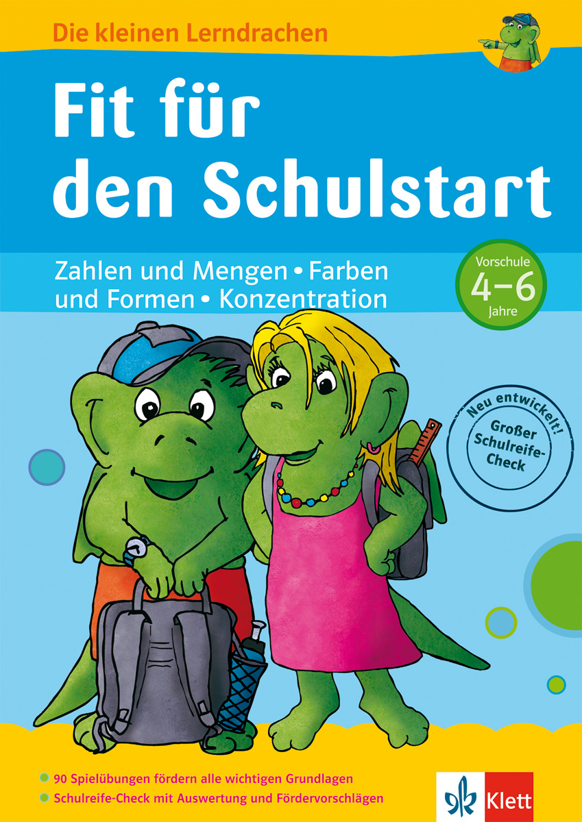 Zwei grüne Cartoon-Drachen, von denen einer einen Rucksack trägt und der andere eine Schultasche in der Hand hält, stehen zusammen auf dem Cover eines deutschen Arbeitsbuchs zur Schulvorbereitung für Kinder von 4 bis 6 Jahren.
