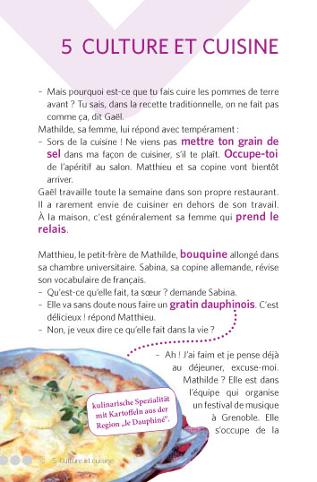Eine französischsprachige Magazinseite über Kultur und Küche mit einem Textgespräch über das Kochen und einem Foto eines Kartoffelgratins in einer Auflaufform.