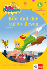 Das illustrierte Buchcover zeigt ein Mädchen mit blonden Haaren, das auf einem Besen über die Dächer fliegt. Es trägt den Titel Bibi und der Turbo-Besen und gehört zur Bibi-Blocksberg-Reihe für Leseanfänger.
