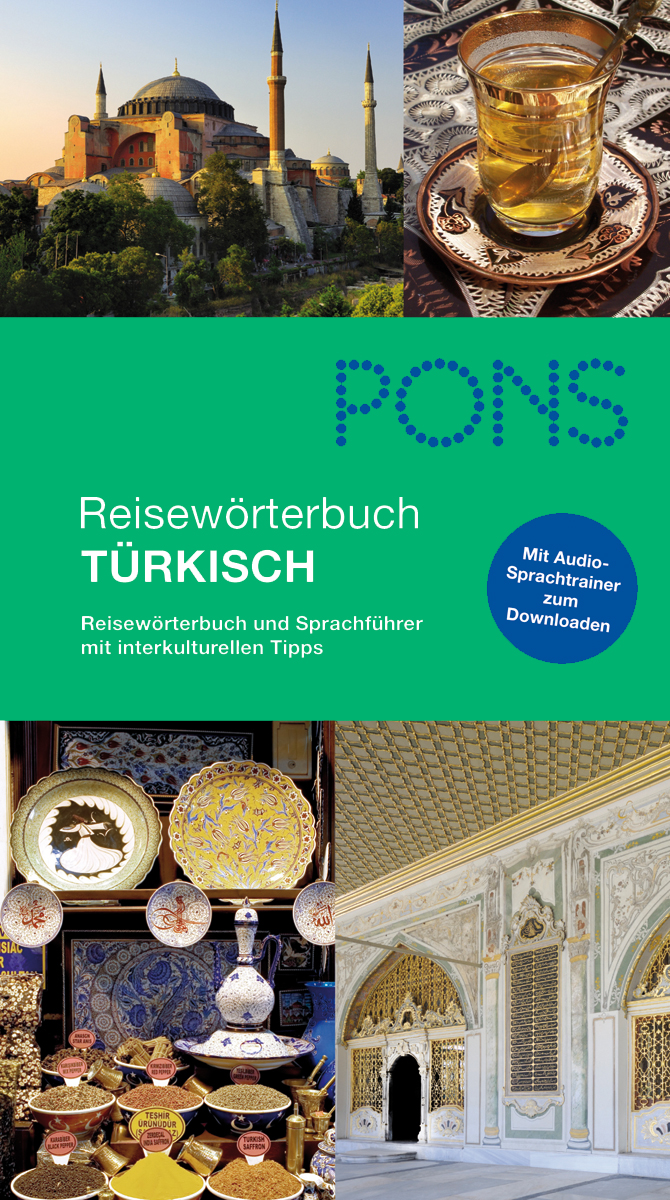 Collage mit türkischen Wahrzeichen, Tee, Keramik und Architektur, in der Mitte das Cover eines PONS-Sprachführers Türkisch mit Text und blauem Download-Sticker.