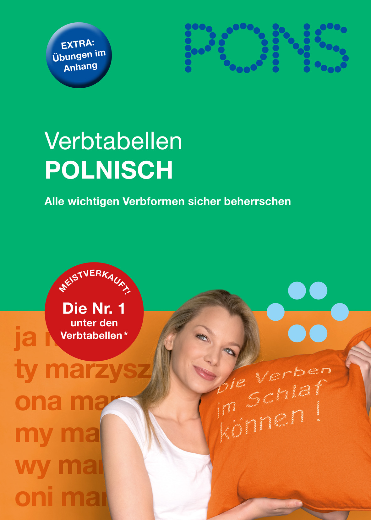Buchumschlag von PONS Verbtabellen Polnisch mit einer lächelnden Frau, die ein orangefarbenes Kissen mit Text hält, vor einem grün-orangenen Hintergrund mit deutschem Werbetext.