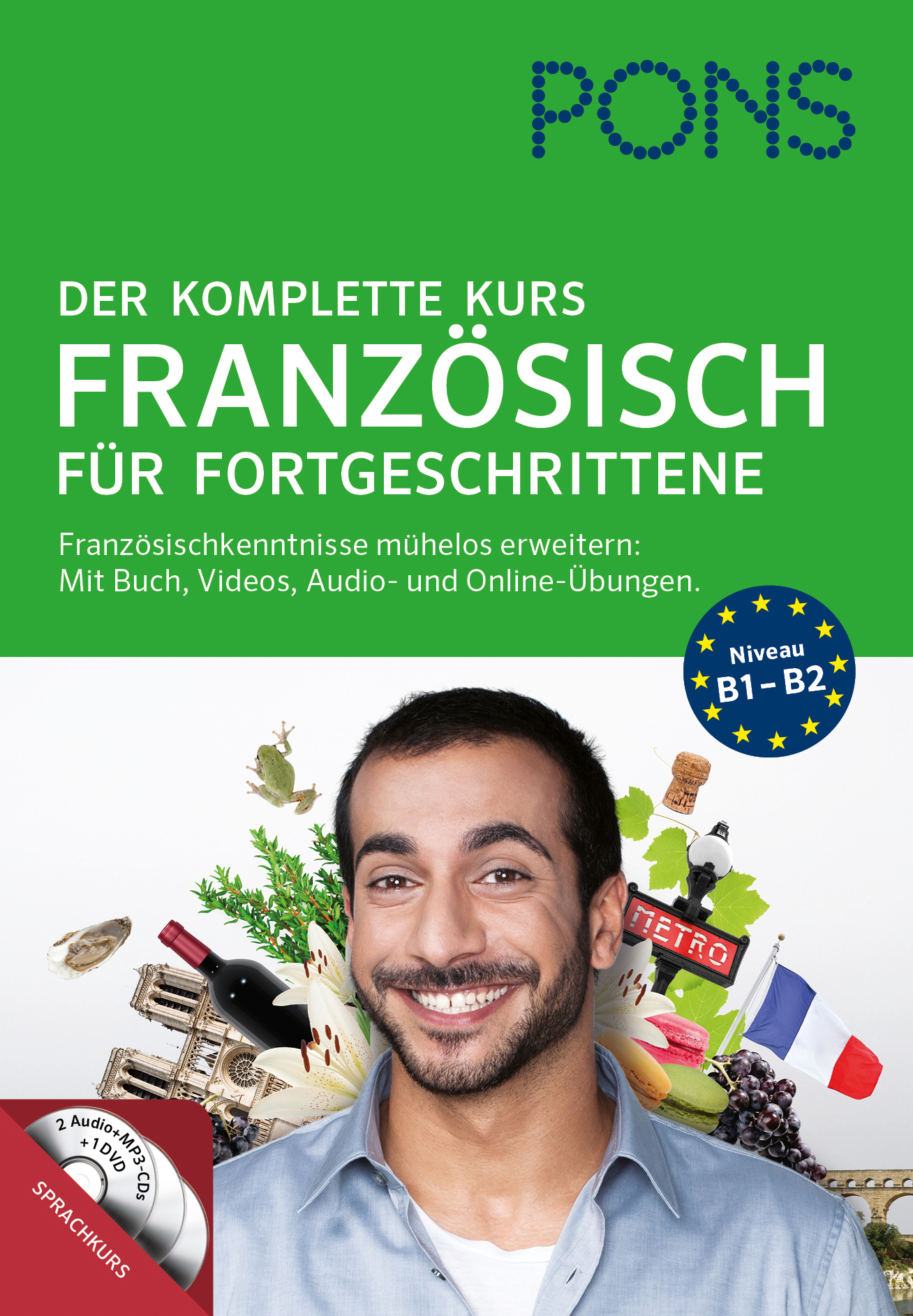 Ein Buchcover mit dem Titel Der komplette Kurs Französisch für Fortgeschrittene mit einem lächelnden Mann, französischen Symbolen und Informationen über das enthaltene Audiomaterial.