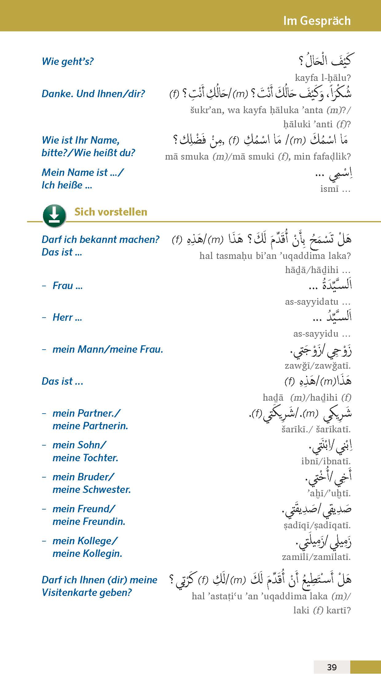Eine zweisprachige deutsch-arabische Lehrbuchseite zeigt gebräuchliche Redewendungen zur Einführung und Begrüßung, mit deutschem Text in blau und arabischem Text in schwarz, sowie Aussprachehilfen und Übersetzungen.