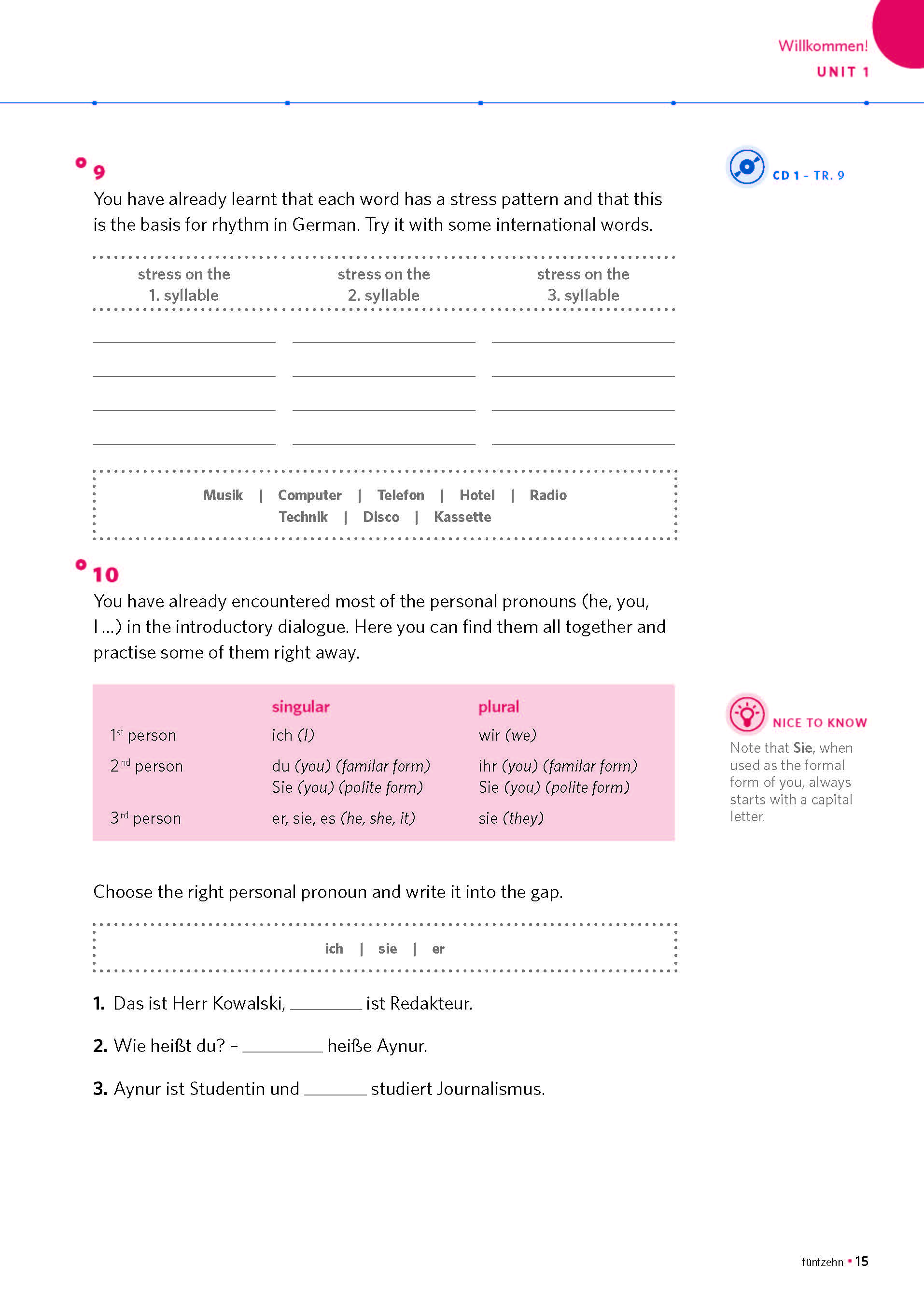 Eine Lehrbuchseite zur deutschen Sprache mit Grammatikerklärungen, einer Vokabeltabelle, Pronomen-Tabellen und Übungsaufgaben zu Personalpronomen und internationalen Wörtern.