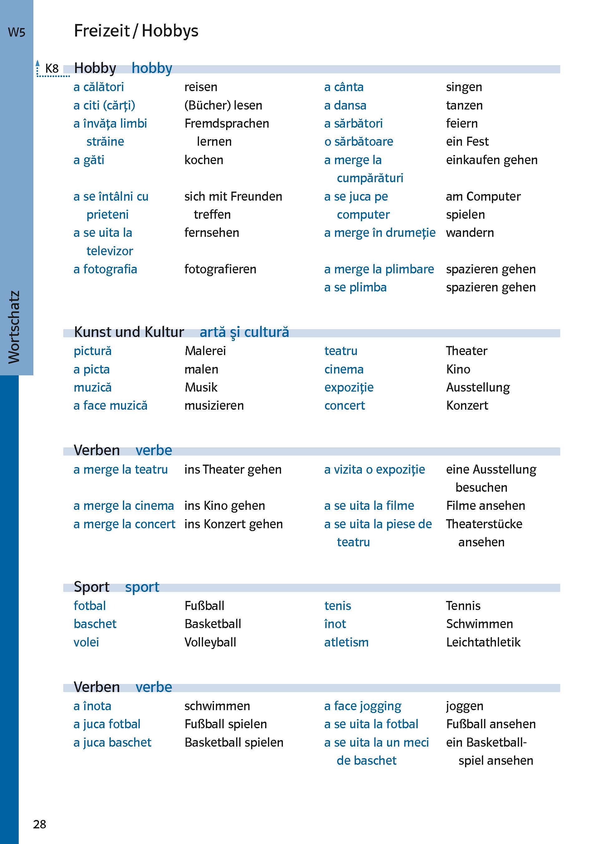 Eine zweisprachige Vokabelliste in Deutsch und Rumänisch mit englischen Übersetzungen, gegliedert in die Kategorien: Hobbys, Kunst und Kultur sowie Verben, die mit Freizeit und Aktivitäten zu tun haben.