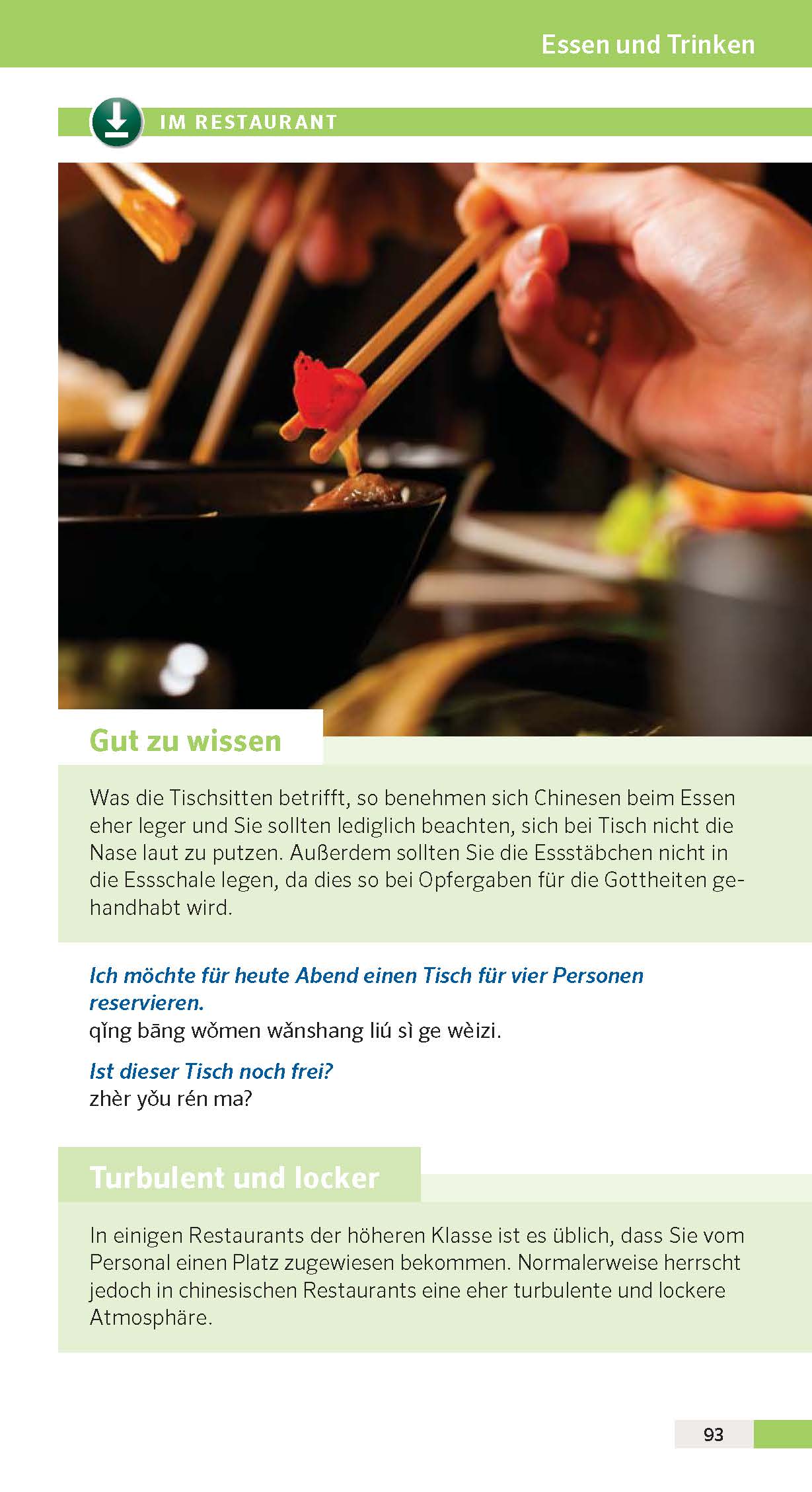 Eine deutschsprachige Seite mit Ratschlägen zur Restaurant-Etikette in China, mit Textfeldern und einem Foto einer Serviette, Stäbchen und einem kleinen Teller auf einem Holztisch.