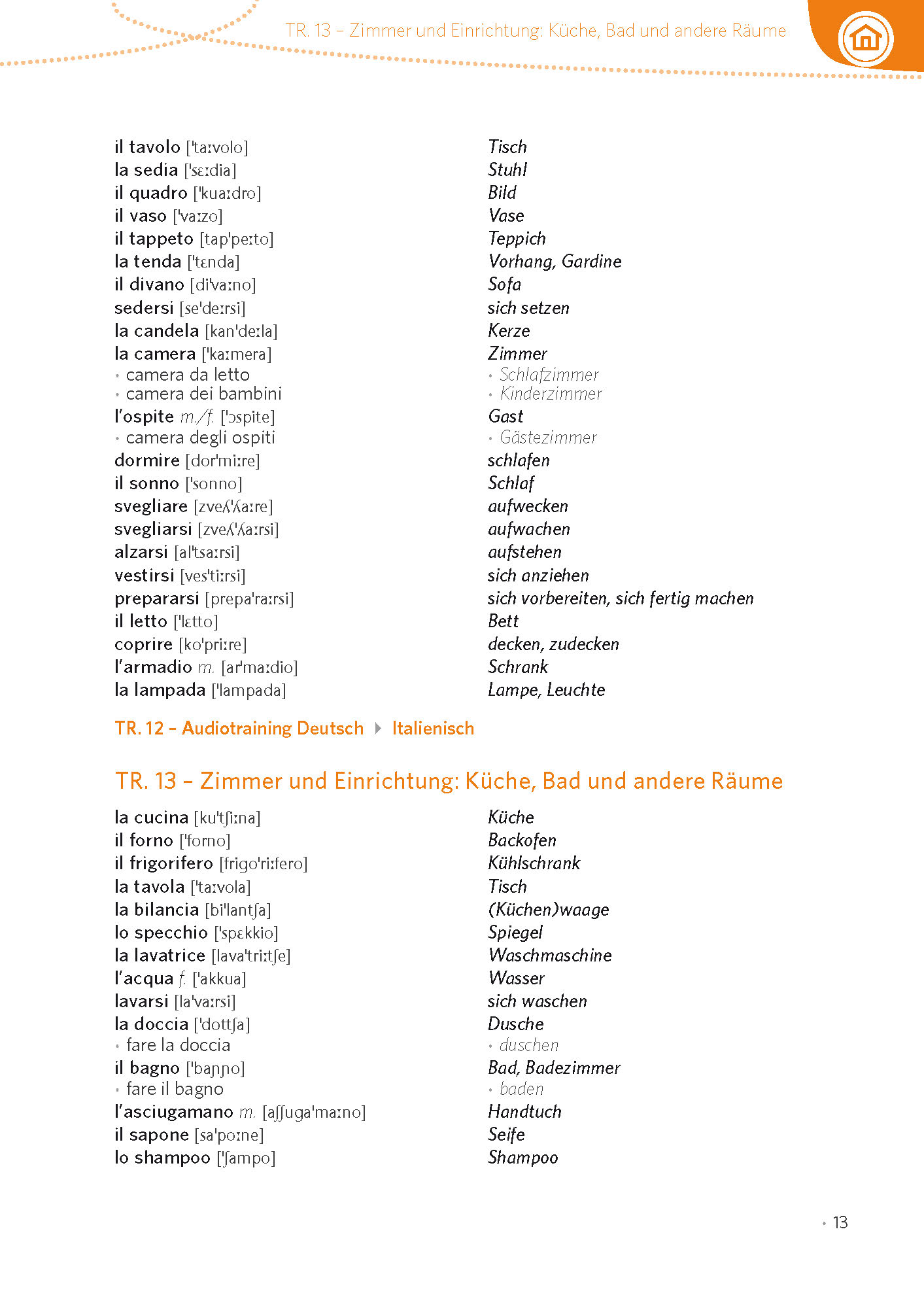 Eine Vokabelliste auf Italienisch und Deutsch mit Übersetzungen ins Englische, geordnet nach Haushaltsgegenständen und Aktivitäten im Zusammenhang mit Räumen und Möbeln.
