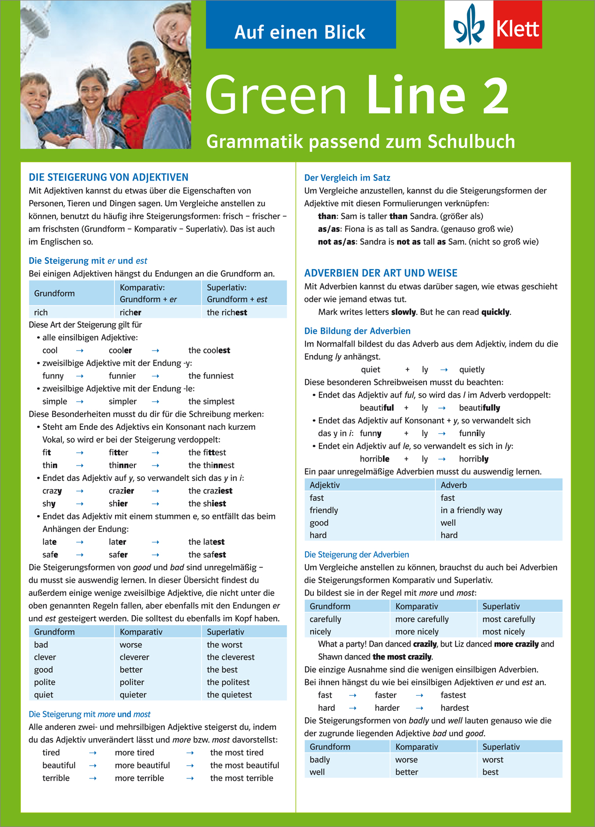 Ein deutschsprachiges Grammatikblatt mit dem Titel Green Line 2 zur Erklärung von Adjektiv- und Adverbvergleichen, mit Regeln, Beispielen und farblich gekennzeichneten Abschnitten. Oben sind vier lächelnde Kinder abgebildet.