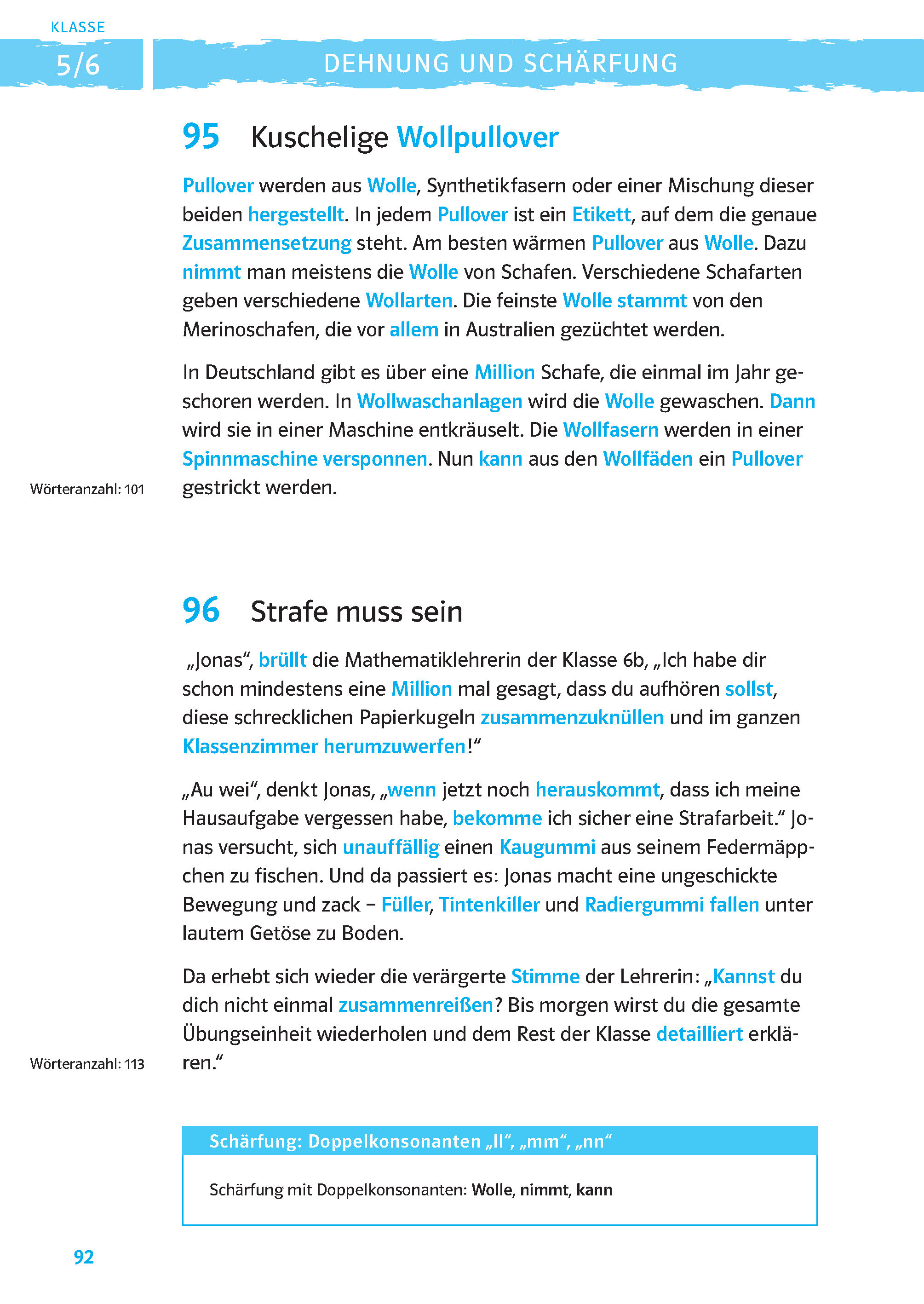Eine deutsche Lehrbuchseite, die Wollpullover und ihre Herstellung erklärt, mit hervorgehobenen Stichworten und nummerierten Abschnitten 95 und 96.