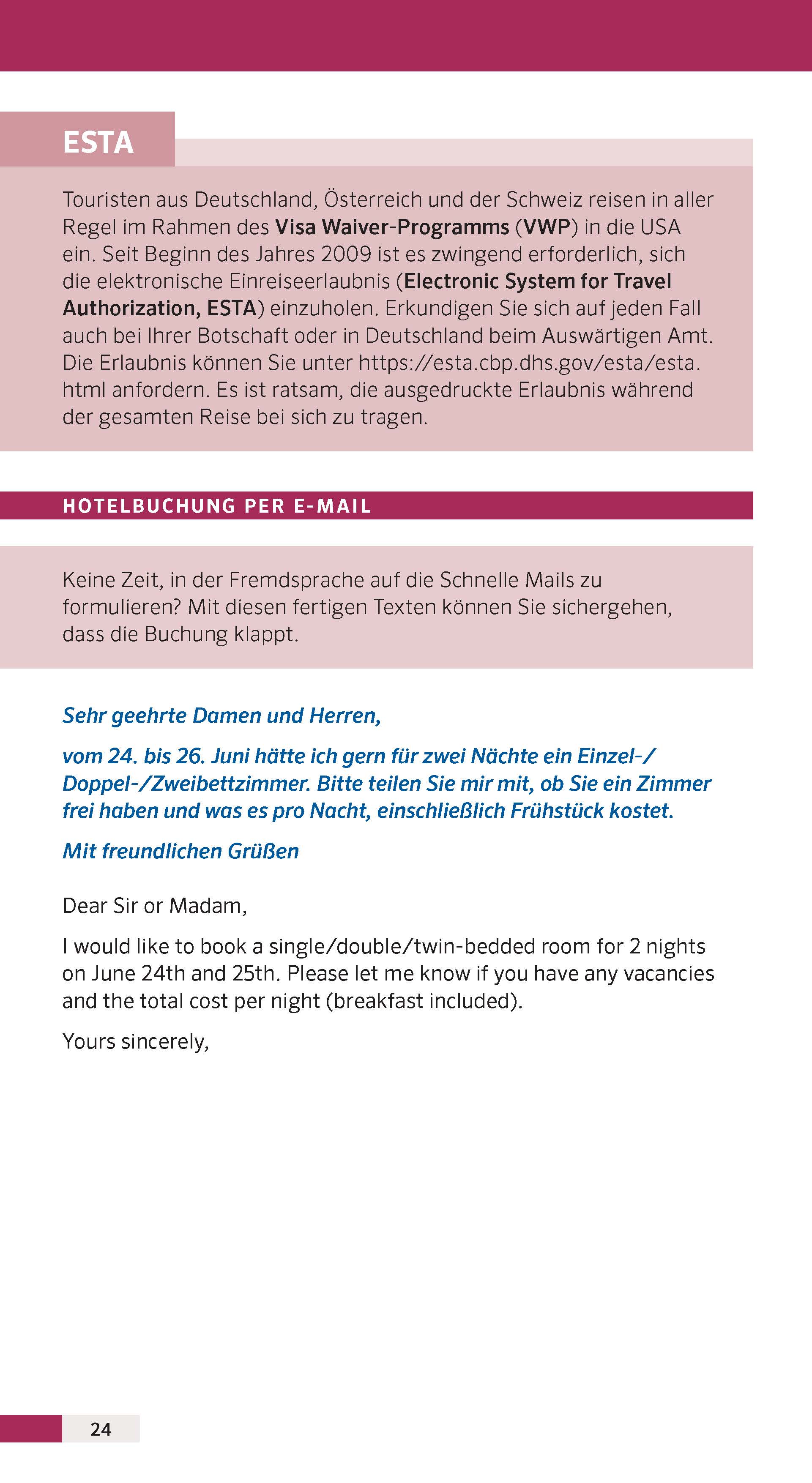 Deutschsprachige Reisehinweise zu den ESTA-Bestimmungen für die Einreise in die USA und Hinweise zur Hotelbuchung per E-Mail auf rosa-weißem Hintergrund.