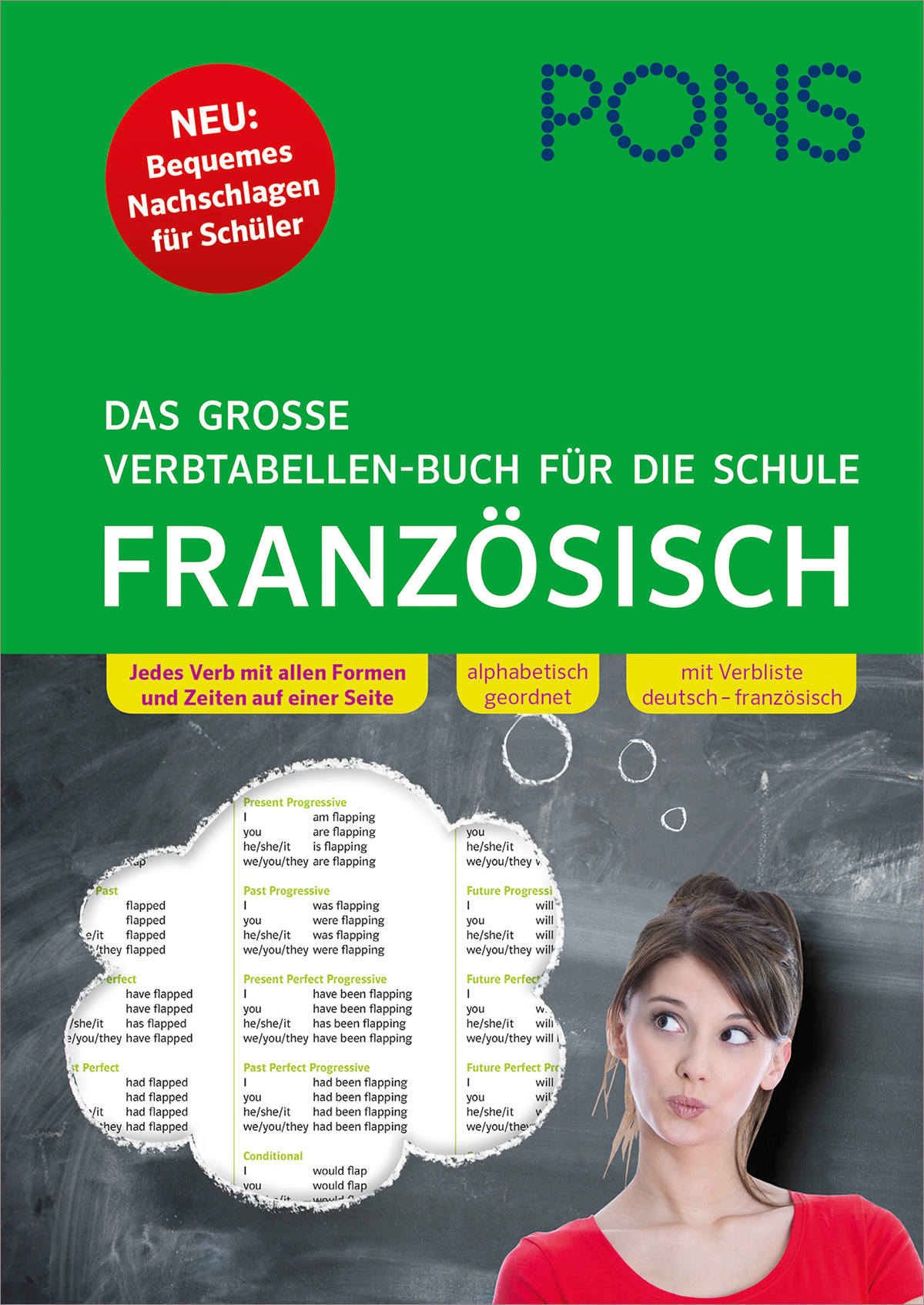 Cover eines deutschsprachigen französischen Verbkonjugationsbuchs von PONS mit Beispieltabellen und einem nachdenklichen Schüler, der nach oben schaut.