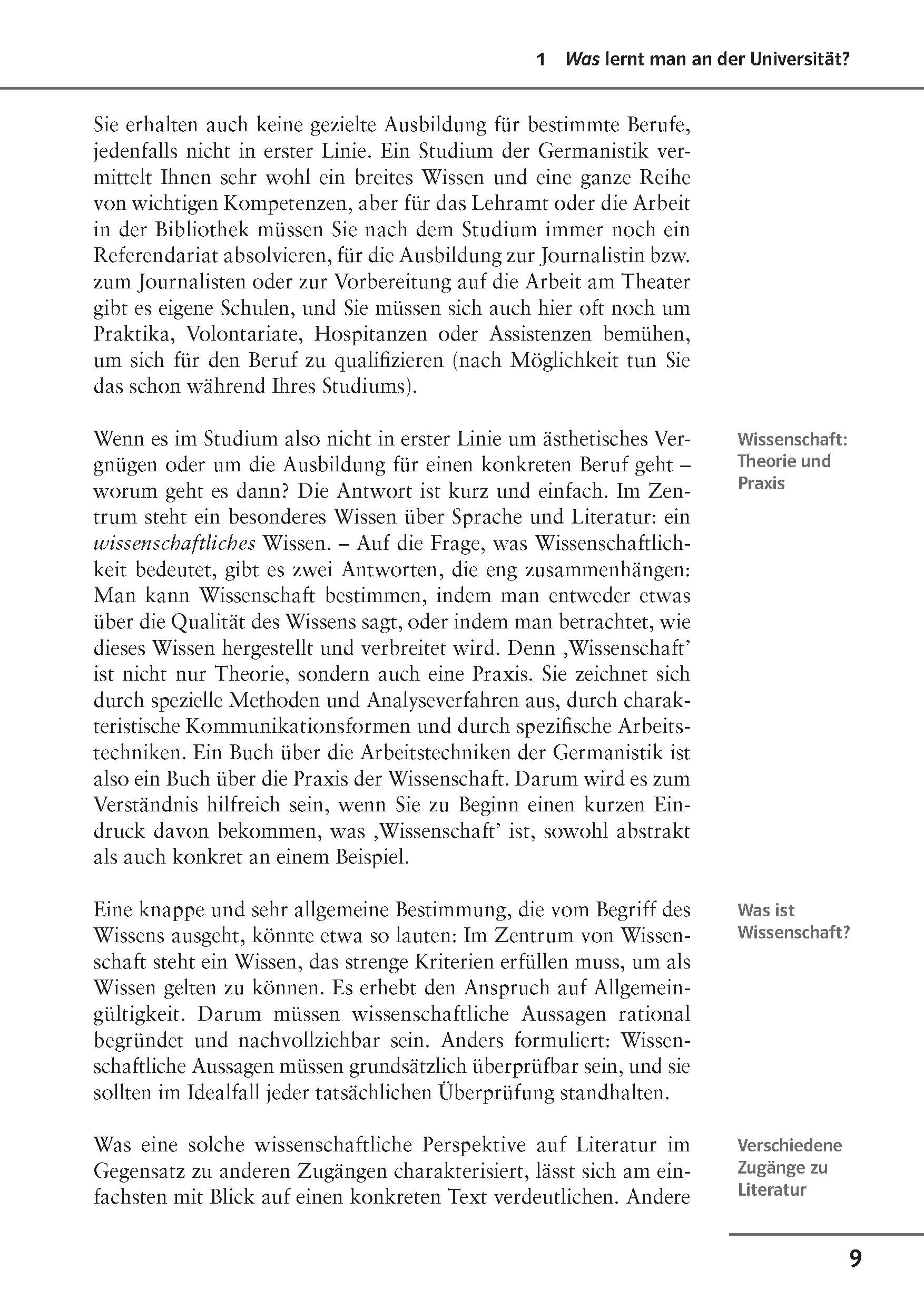 Auf einer Deutschlehrbuchseite werden Berufswege für Germanistik-Absolventen erörtert, darunter Unterricht, Journalismus, Theater, Praktika und Qualifikationsanforderungen. Der Text und eine Randnotiz sind sichtbar.