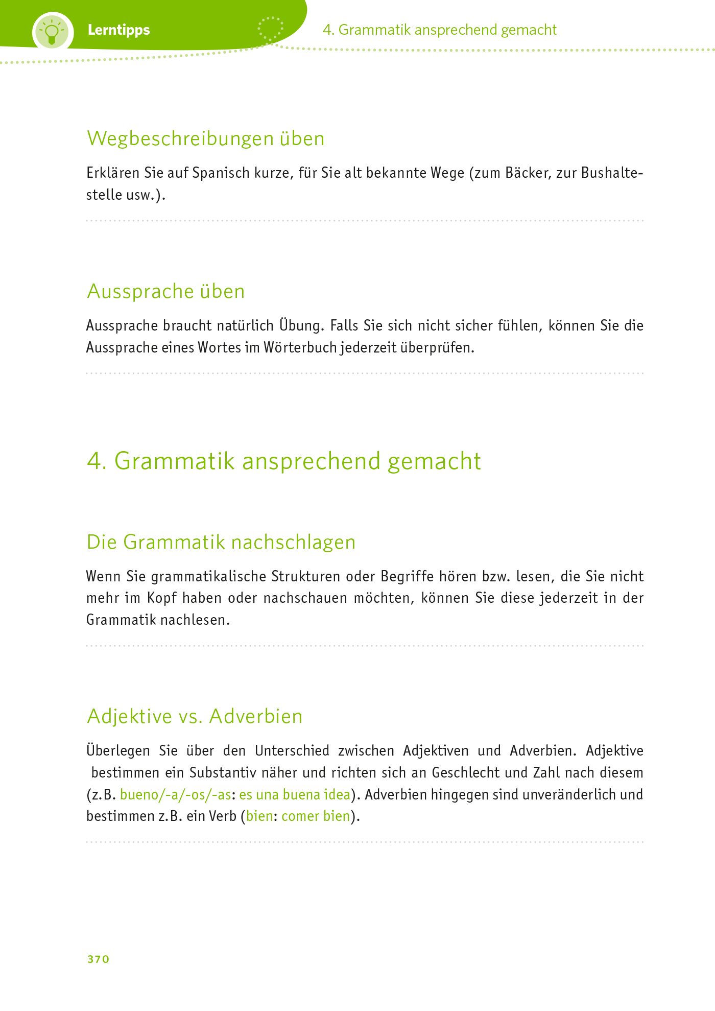 Eine deutschsprachige Lehrbuchseite mit grünen Überschriften behandelt Grammatik, Aussprache und den Unterschied zwischen Adjektiven und Adverbien und bietet Lerntipps und Beispiele.