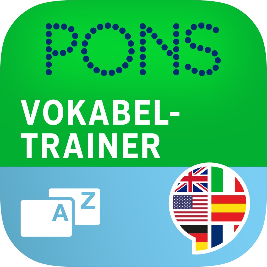 PONS Vokabeltrainer App-Logo mit Text, einer Sprechblase mit mehreren Länderflaggen und A-Z Karteikarten auf grünem und blauem Hintergrund.