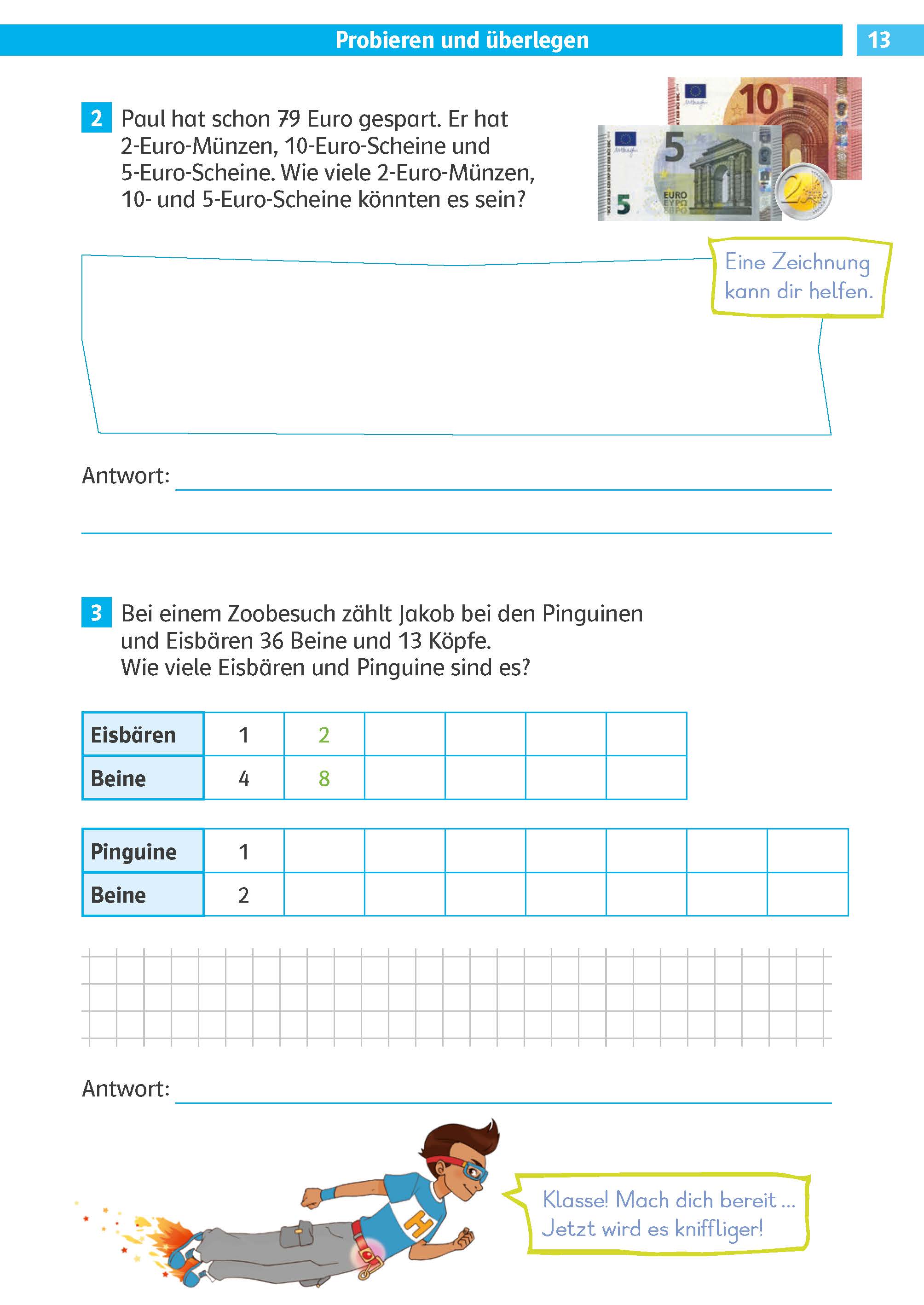 Ein deutsches Mathe-Arbeitsblatt mit zwei Wortaufgaben zu Euro-Münzen und Tierzählung, Antwortfeldern, Tabellen und einer kleinen Illustration eines Pinguins und einer Sprechblase.