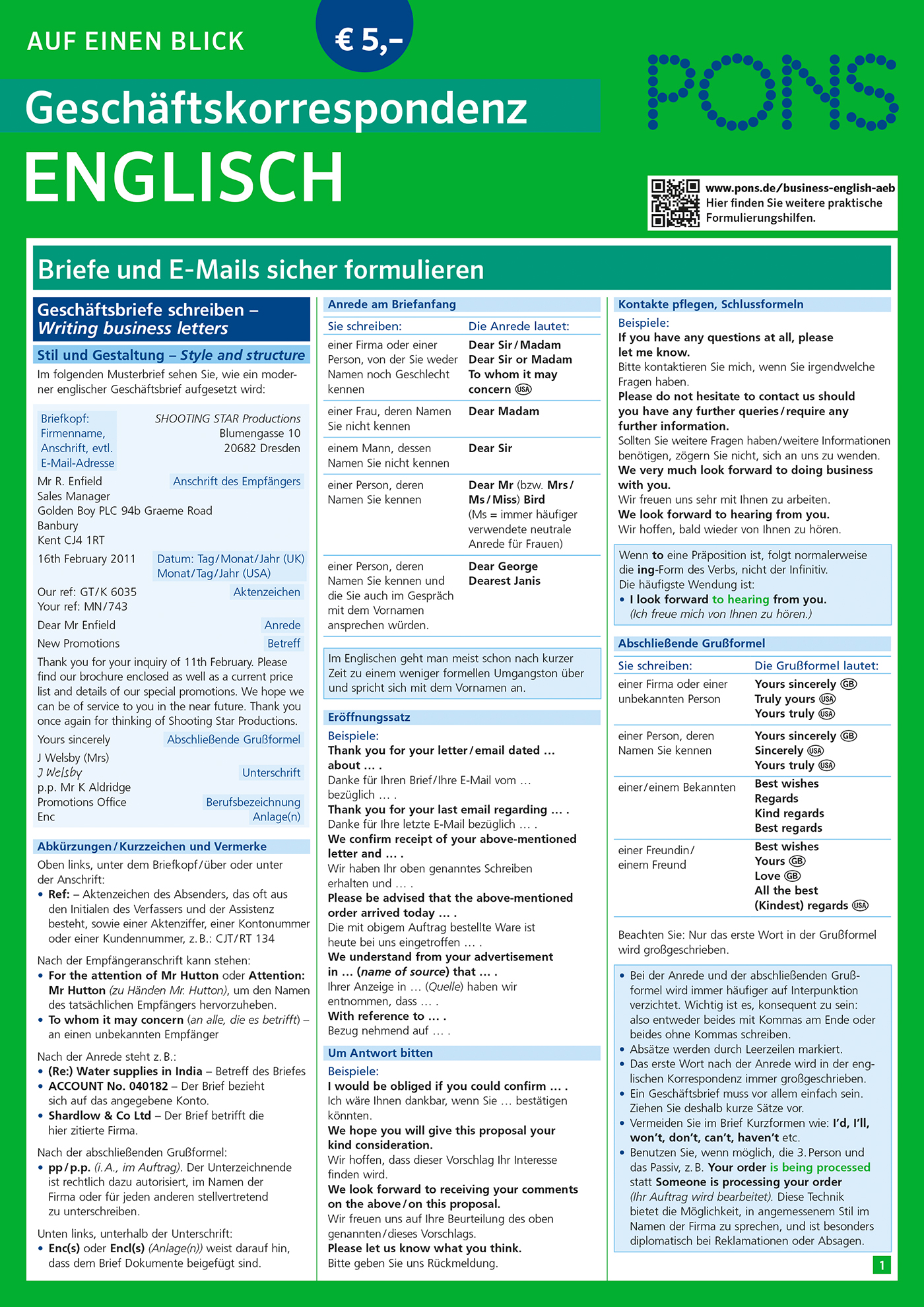 Ein deutsches Nachschlagewerk für das Verfassen von Geschäftsbriefen und E-Mails auf Englisch, mit Beispielsätzen, Strukturen, Formaten und Übersetzungen in einem grün-weißen Layout.