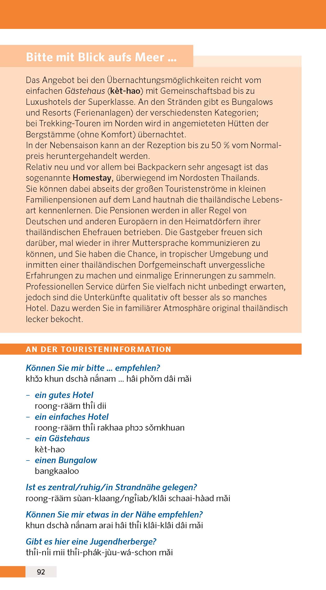 Eine Informationsbroschüre in deutscher Sprache mit orangefarbenem Kopfteil gibt Tipps für Reisen in Thailand, wobei der Schwerpunkt auf den Unterkunftsmöglichkeiten und der Budgetplanung für Touristen liegt.