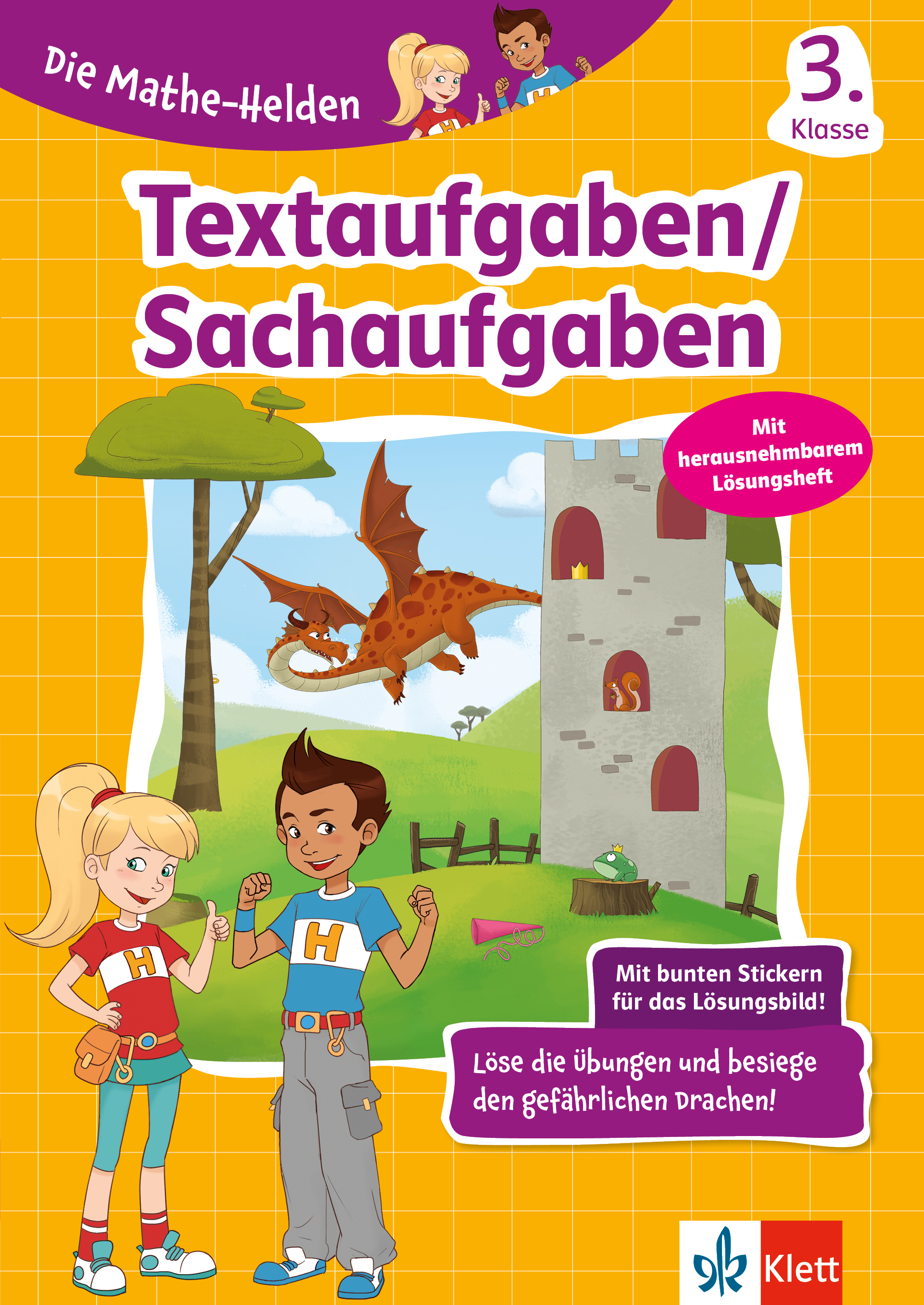 Umschlag eines deutschen Mathe-Arbeitsheftes für die 3. Klasse mit zwei Kindern, einer Burg und einem Drachen, mit Text zur Förderung von Übungen und herausnehmbarem Lösungsheft.