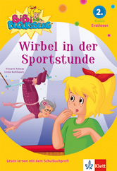Das Buchcover von Bibi Blocksberg: Wirbel in der Sportstunde zeigt ein überraschtes Mädchen und eine ältere Frau, die sich auf Turngeräten tummeln, in leuchtenden, verspielten Farben.