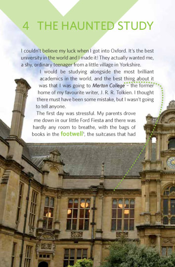 Eine Seite aus einem Buch mit dem Titel The Haunted Study (Das Geisterstudium) mit einem Text über das Studium an der Universität Oxford, mit einem Foto eines verzierten Gebäudes im Hintergrund.