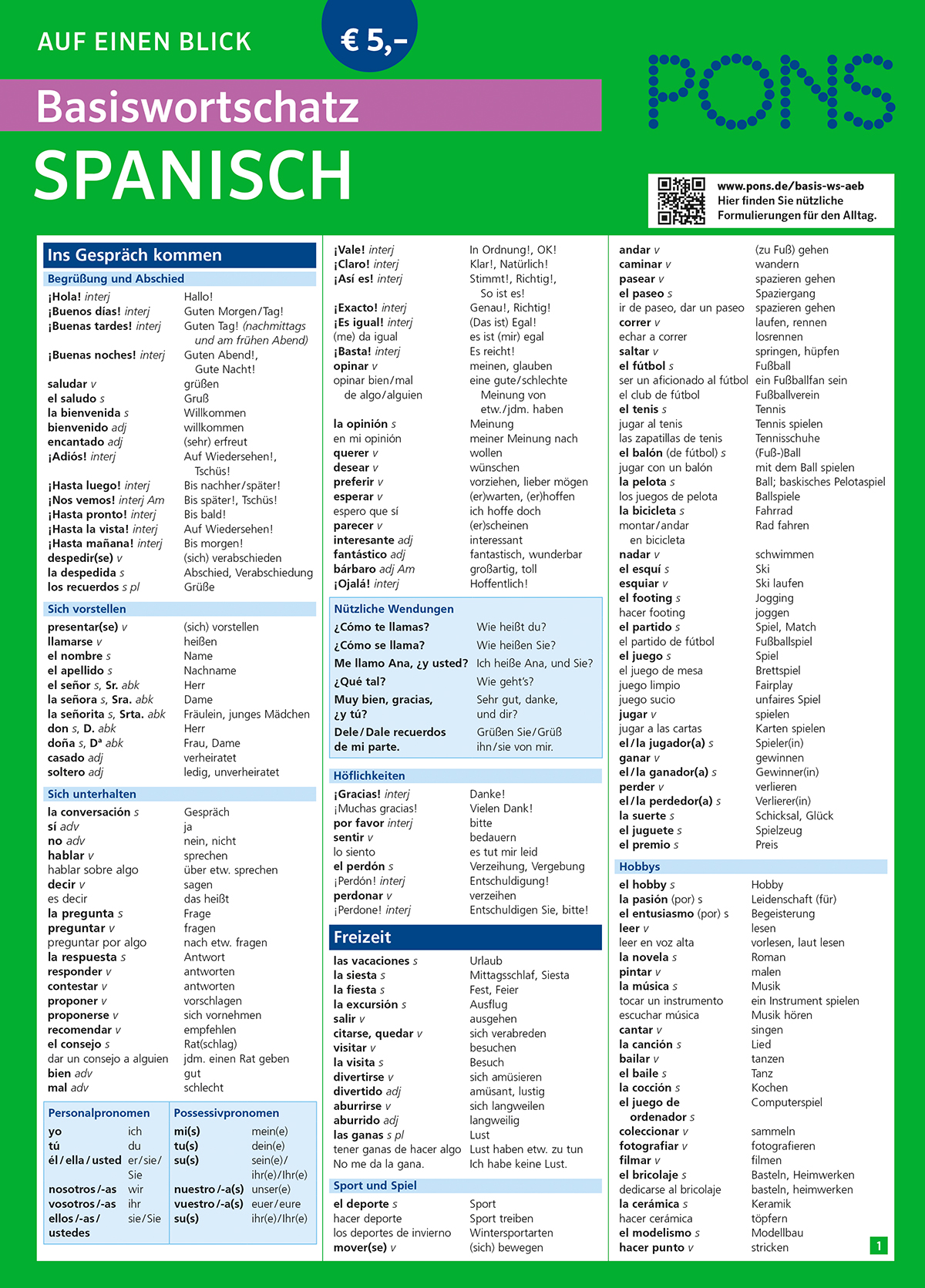 Ein deutsch-spanisches Vokabelblatt mit dem Titel Basiswortschatz Spanisch, das gängige Redewendungen und Wörter für alltägliche Situationen auflistet, gegliedert in klar beschriftete Abschnitte und Spalten.