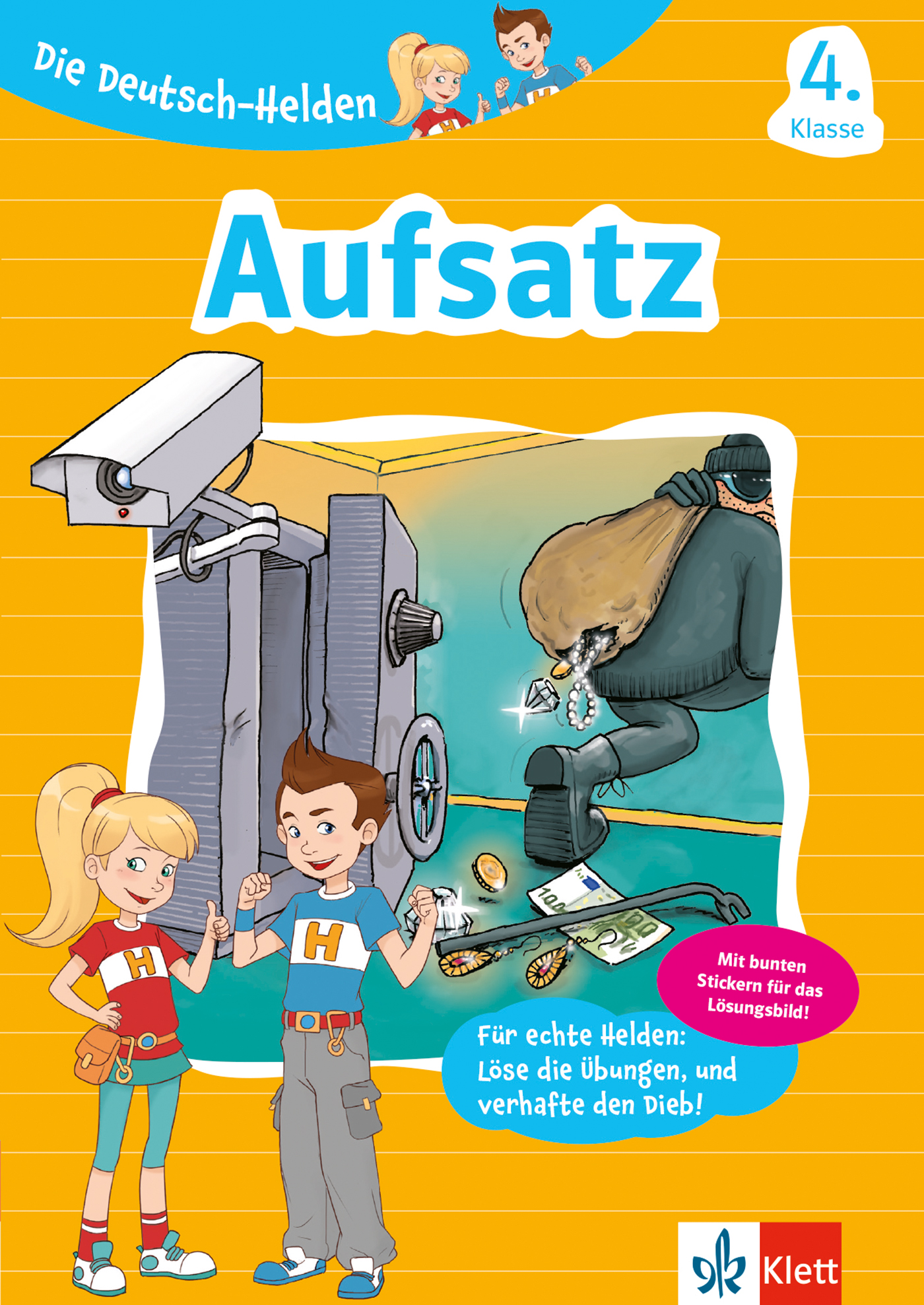 Das illustrierte Buchcover zeigt zwei Kinder, eine Überwachungskamera und einen maskierten Einbrecher, der Wertsachen aus einem Safe stiehlt. Der Titel lautet Aufsatz für die 4. Klasse, mit farbenfrohem Design im Comic-Stil.