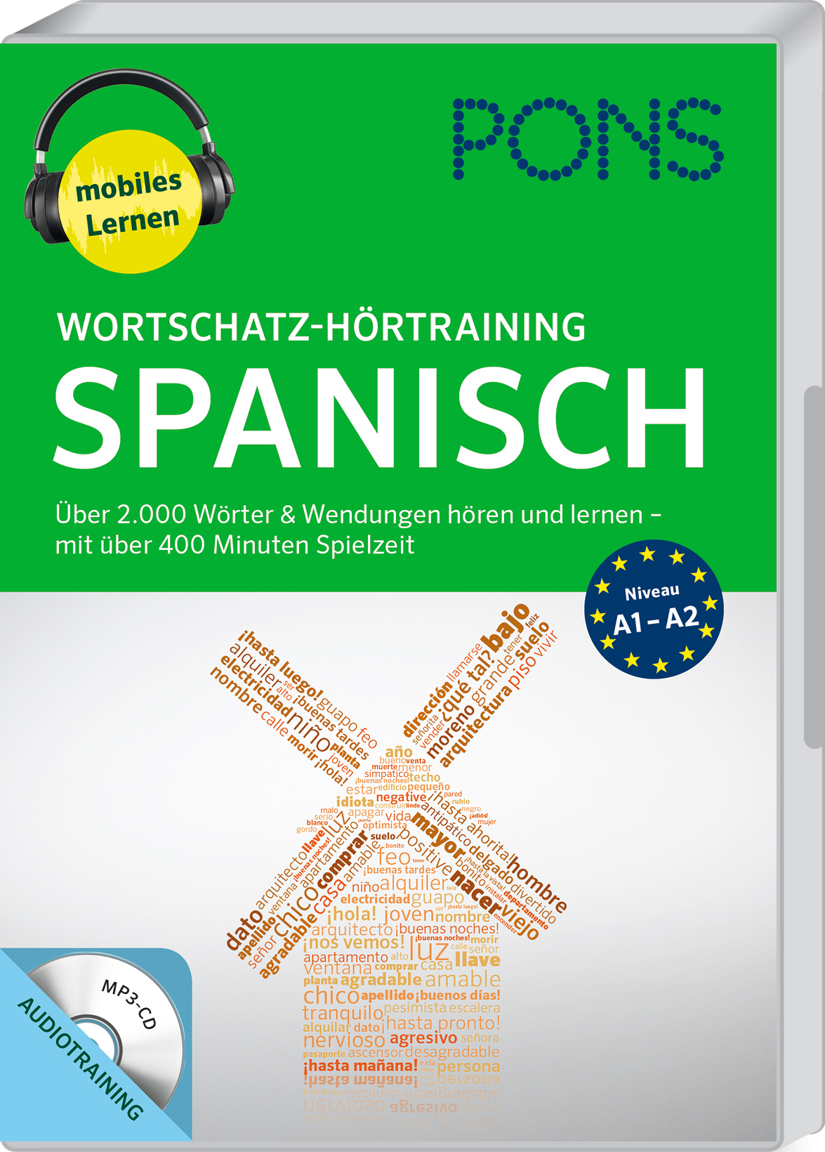 Cover eines PONS Spanisch-Vokabel-Audio-Trainingsbuchs mit grünem Kopf, Windrad-Grafik aus spanischen Wörtern und Etiketten für mobiles Lernen und die Anfängerstufen A1-A2.