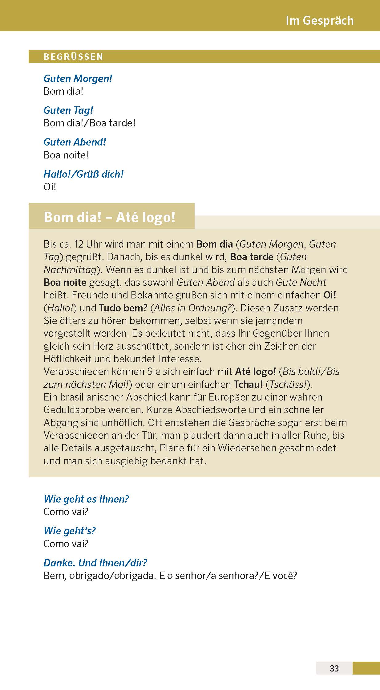 Ein deutsch-portugiesischer Sprachführer erklärt brasilianisch-portugiesische Grußformeln wie Bom dia, Boa tarde, Boa noite, Oi und Tudo bem? und gibt Tipps zu deren Verwendung und Bedeutung.