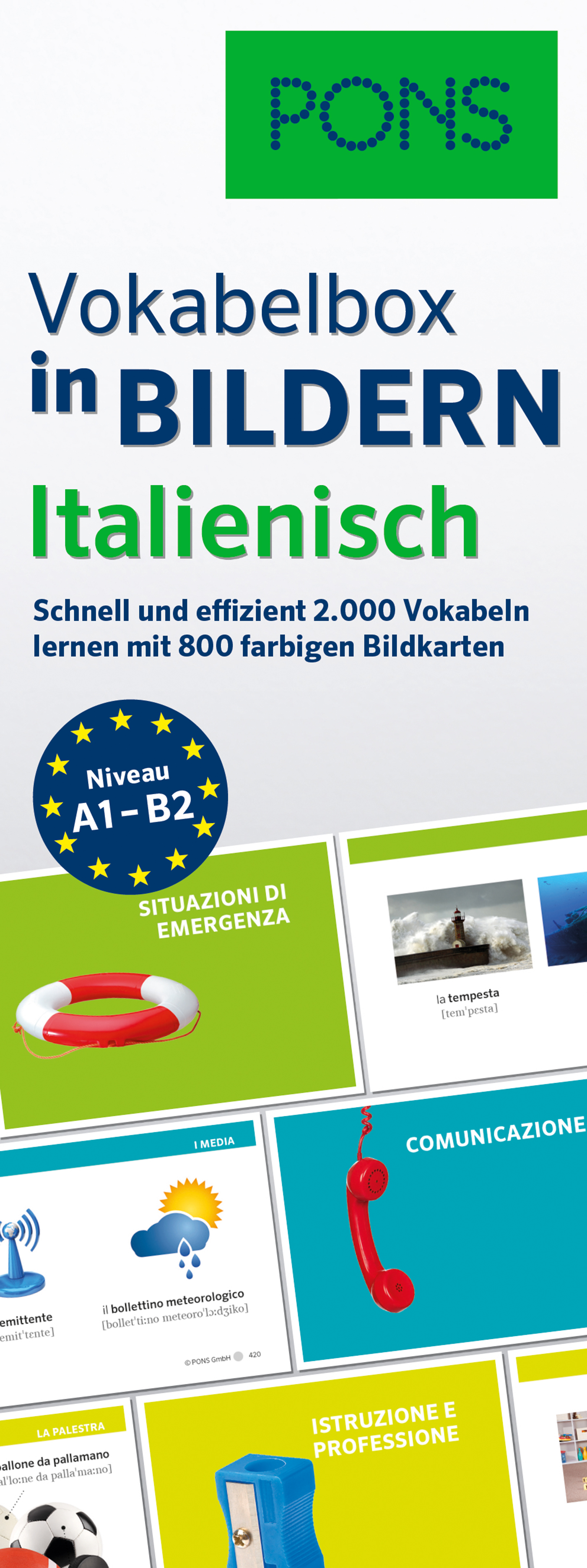 Werbebild für die PONS Vokabelbox in Bildern Italienisch mit den Lernstufen A1-B2 und bunten Vokabelkarten für effizientes Italienischlernen.
